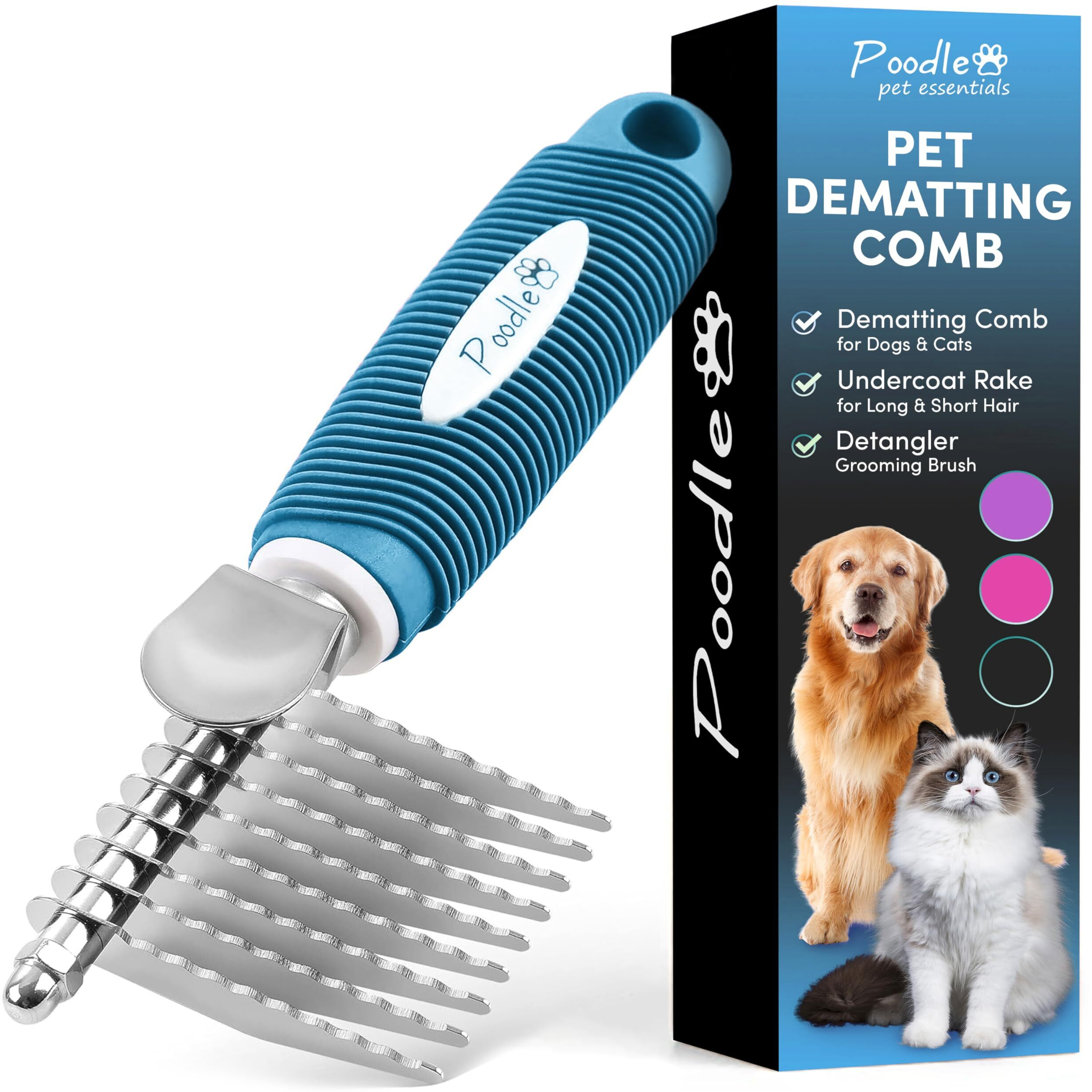 Poodle Pet Dematting Fur Rake Comb Brush Tool - Dog And Cat Comb With Long 2.5 Inches Steel Safety Blades For Detangling Matted Or Knotted Undercoat Hair (Blue  Dematting Comb)