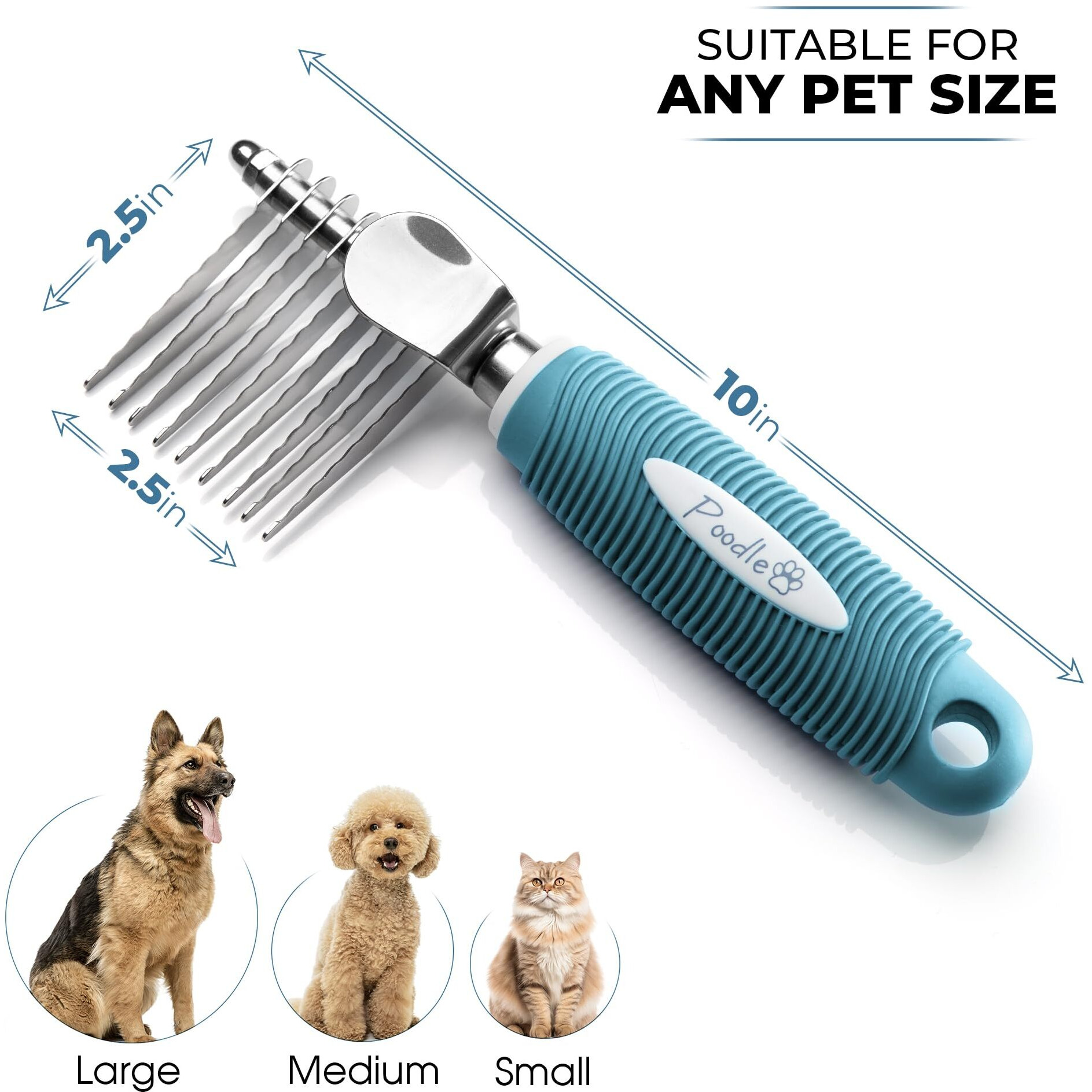 Poodle Pet Dematting Fur Rake Comb Brush Tool - Dog And Cat Comb With Long 2.5 Inches Steel Safety Blades For Detangling Matted Or Knotted Undercoat Hair (Blue  Dematting Comb)