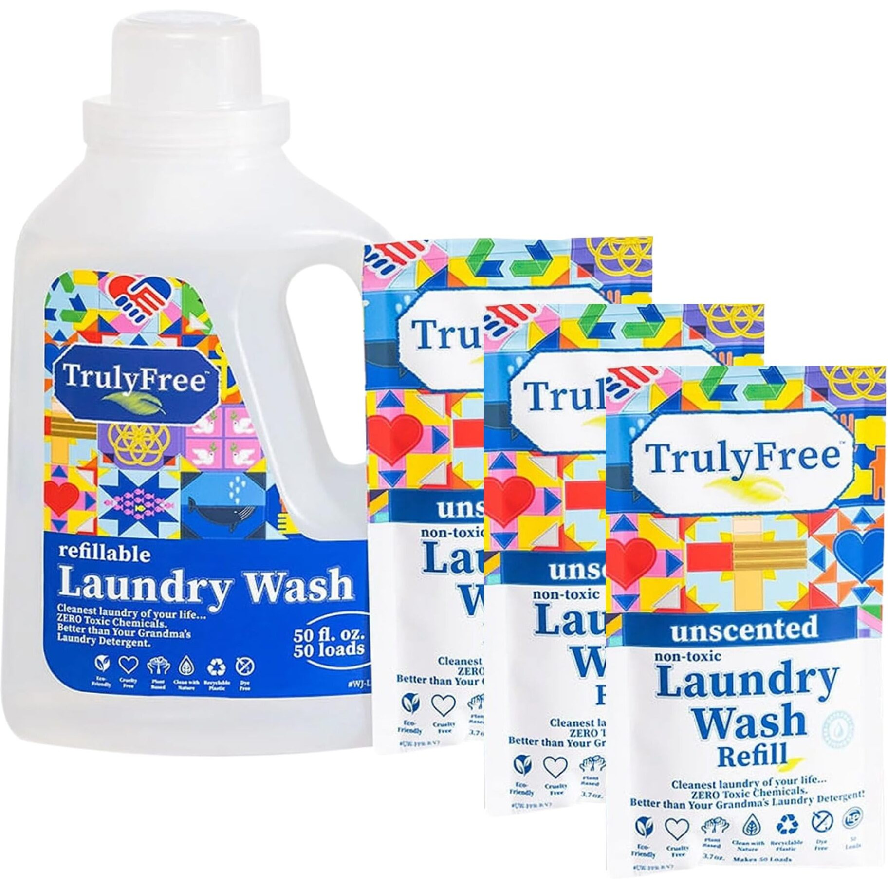 Truly Free Laundry Wash Detergent For Sensitive Skin  Gentle & Safe For Baby Clothes | Plant-Based  Natural Ingredients | Unscented | Include 1 Refillable Bottle (150 Loads)