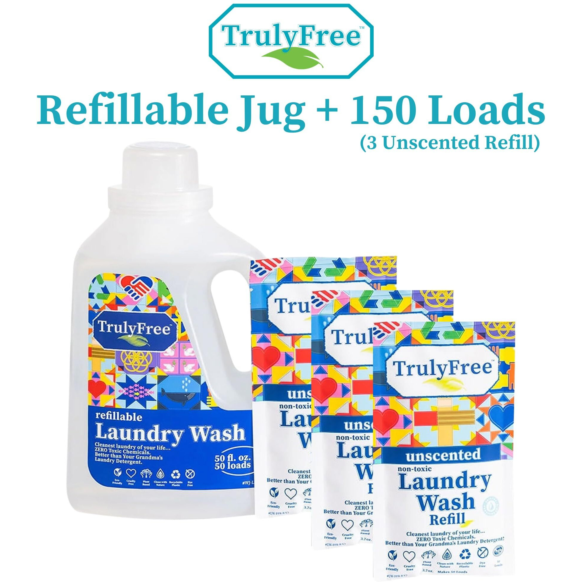 Truly Free Laundry Wash Detergent For Sensitive Skin  Gentle & Safe For Baby Clothes | Plant-Based  Natural Ingredients | Unscented | Include 1 Refillable Bottle (150 Loads)
