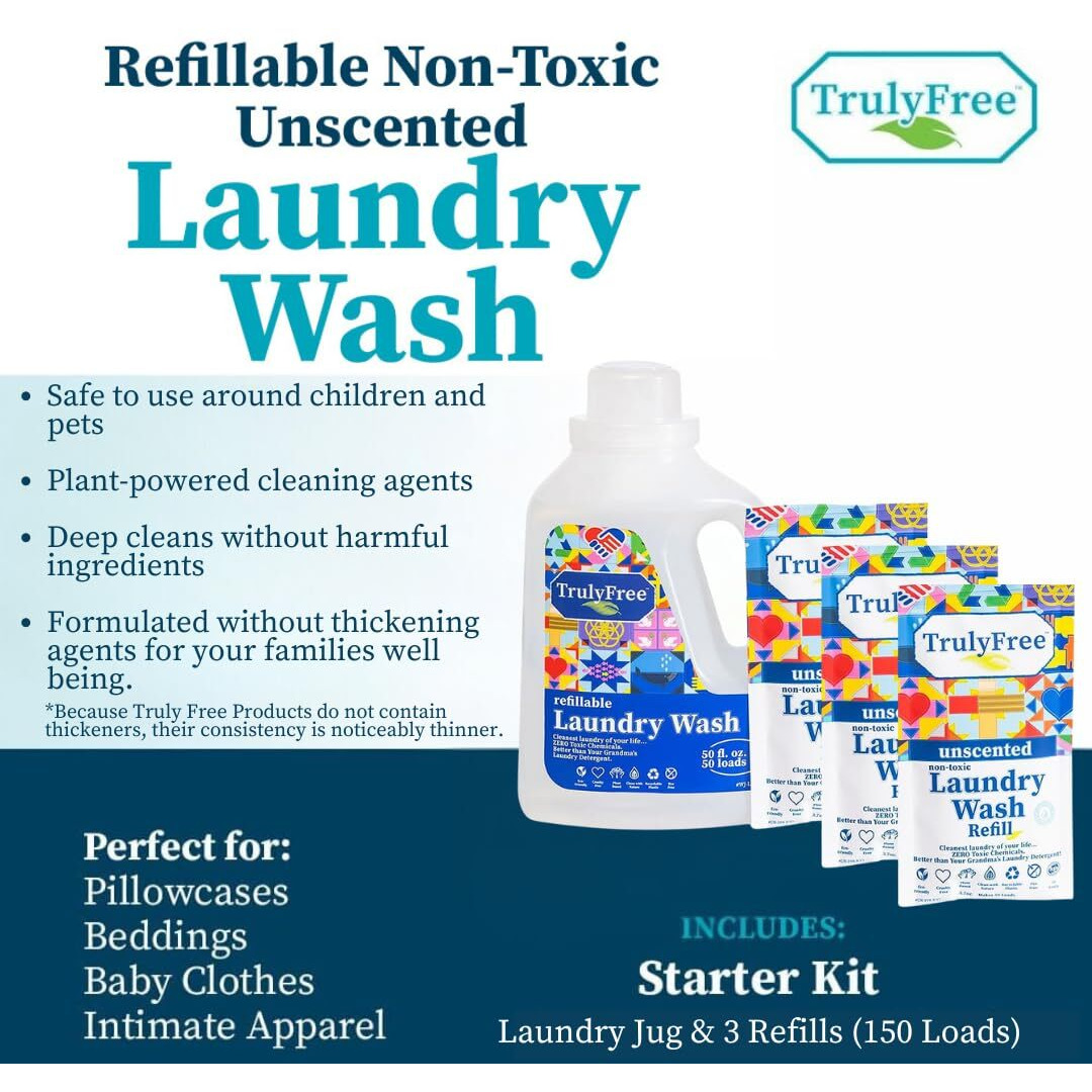 Truly Free Laundry Wash Detergent For Sensitive Skin  Gentle & Safe For Baby Clothes | Plant-Based  Natural Ingredients | Unscented | Include 1 Refillable Bottle (150 Loads)