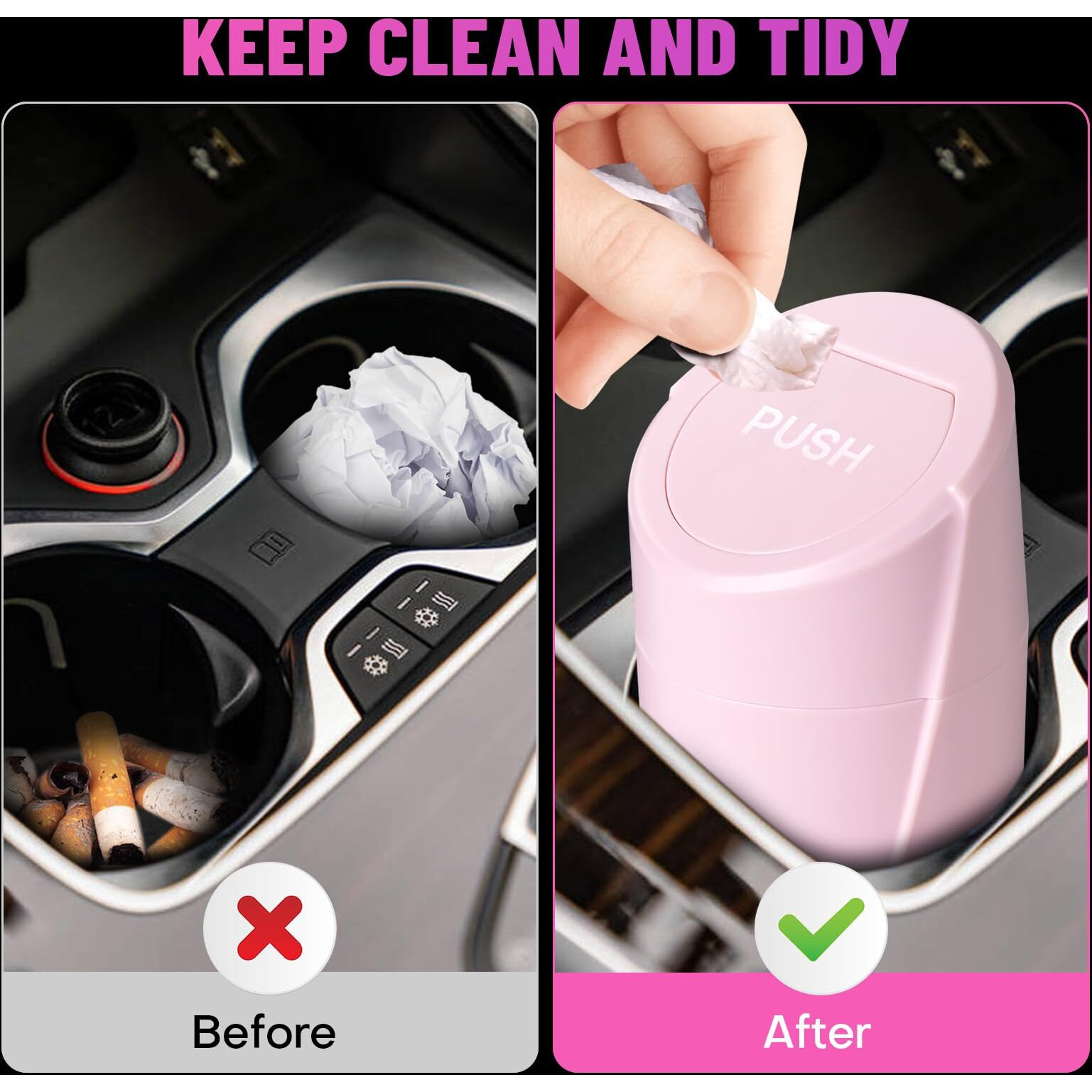 Sglrt Pink Mini Leakproof Vehicle Trash Bin With Lid - Garbage Can For Car Cup Holder - 20Pcs Trash Bags - Car Organizers And Storage For Front Back Seat Accessories
