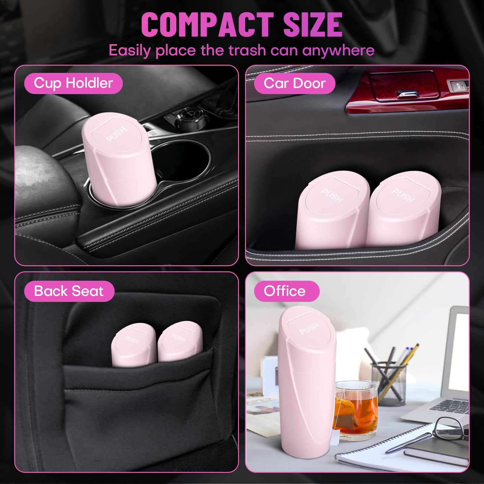 Sglrt Pink Mini Leakproof Vehicle Trash Bin With Lid - Garbage Can For Car Cup Holder - 20Pcs Trash Bags - Car Organizers And Storage For Front Back Seat Accessories