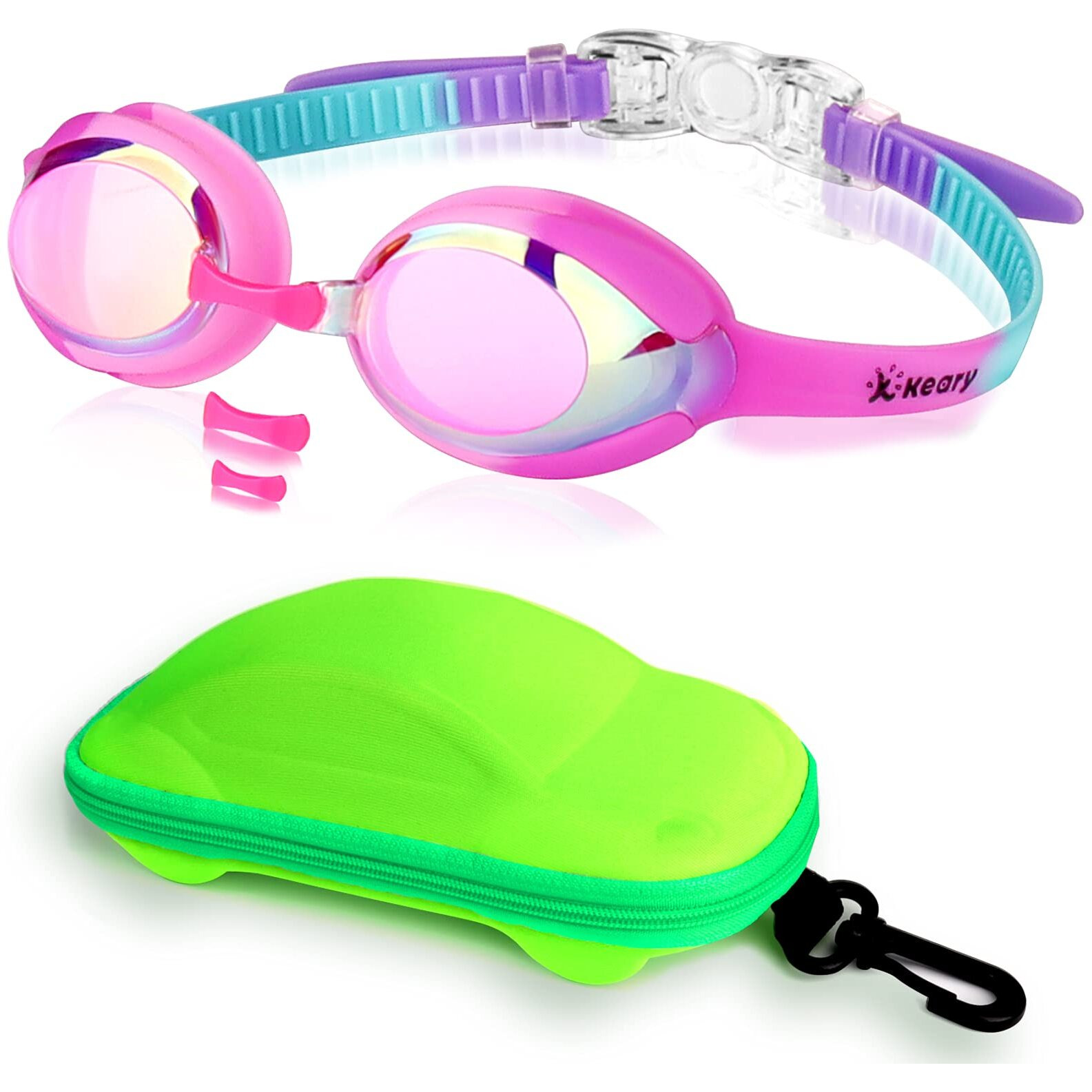 Keary Kids Swim Goggles Swimming Goggles For Toddler Children Girls Boys Youth  Anti-Fog Waterproof Uv Protection Clear Vision Mirror Flat Lens Water Pool Goggles With 3 Nose Piece  Pink Kids Goggles