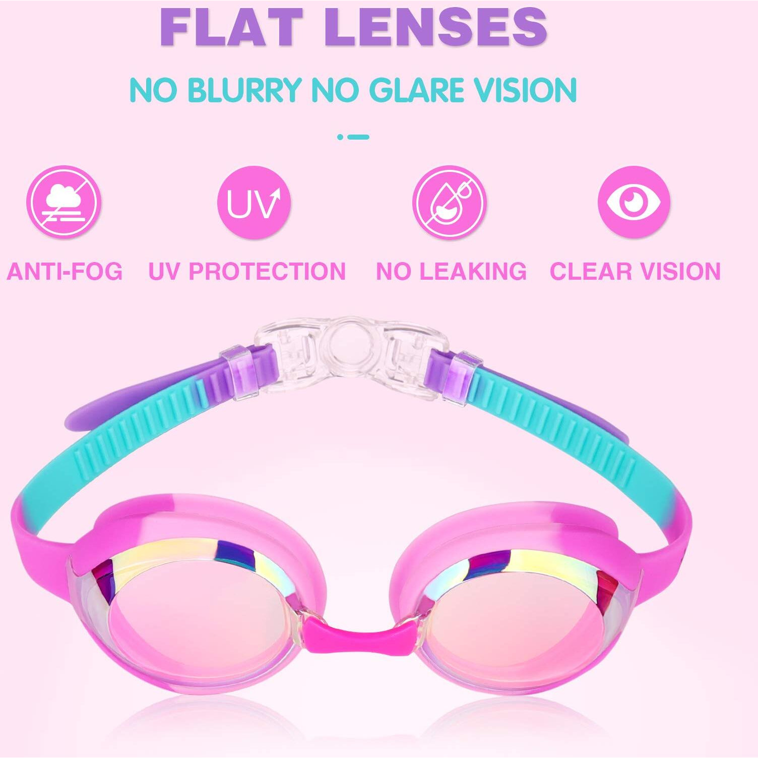 Keary Kids Swim Goggles Swimming Goggles For Toddler Children Girls Boys Youth  Anti-Fog Waterproof Uv Protection Clear Vision Mirror Flat Lens Water Pool Goggles With 3 Nose Piece  Pink Kids Goggles