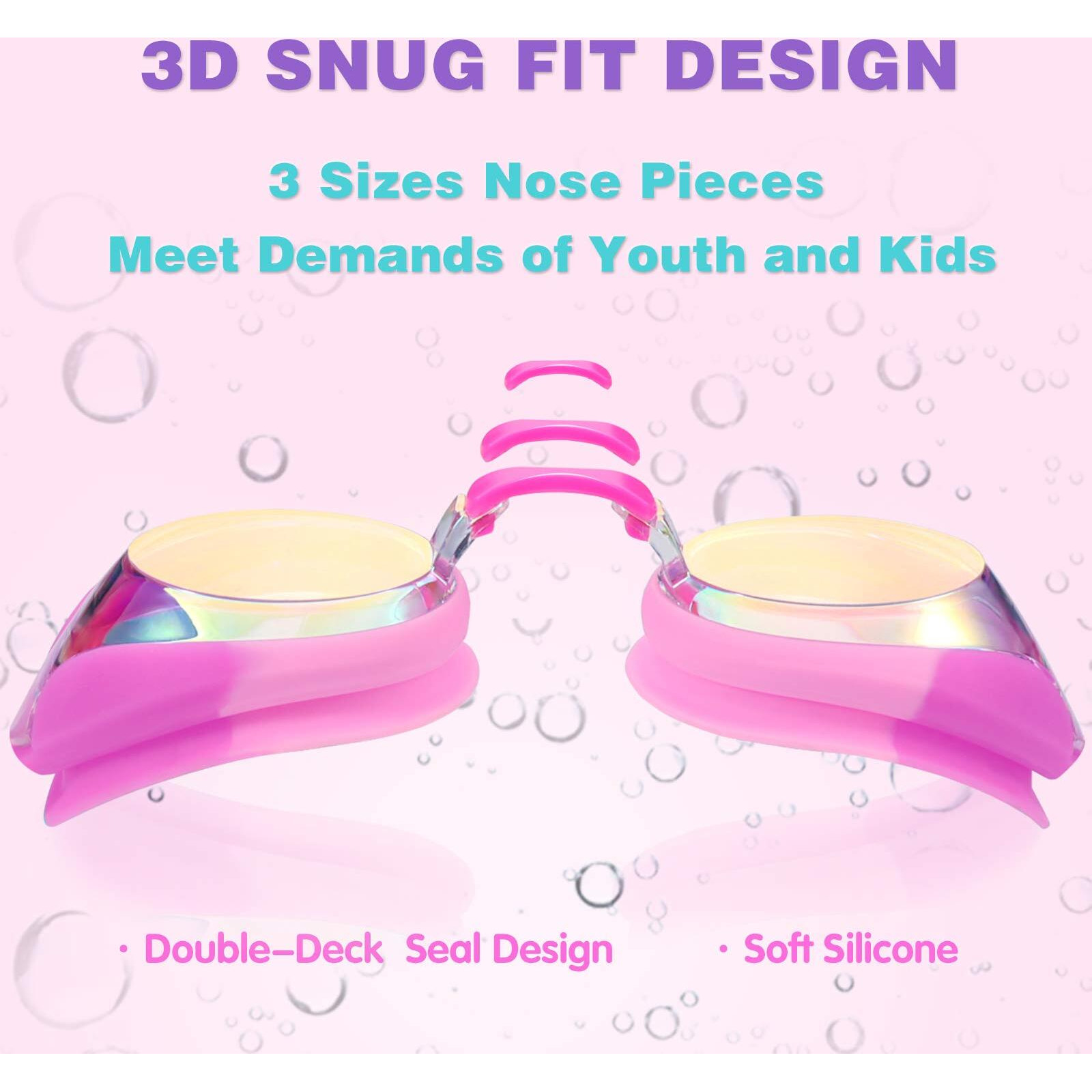 Keary Kids Swim Goggles Swimming Goggles For Toddler Children Girls Boys Youth  Anti-Fog Waterproof Uv Protection Clear Vision Mirror Flat Lens Water Pool Goggles With 3 Nose Piece  Pink Kids Goggles
