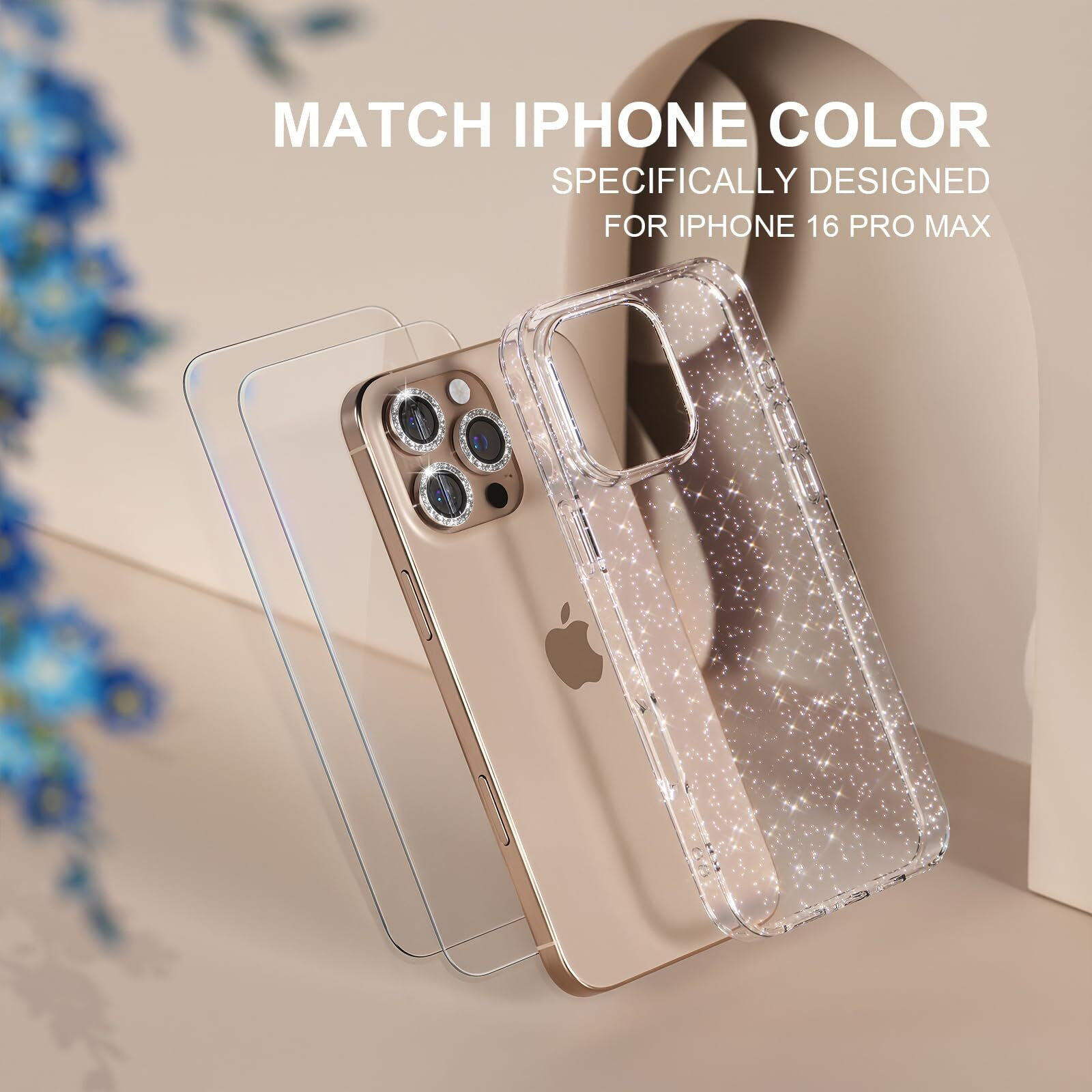 Choiche Compatible For Iphone 16 Pro Max Case  Women Cute Clear Glitter Bling Sparkly Case  [3 X Diamond Camera Lens Protectors] [2 X Tempered Glass Screen Protectors] 6.9-Inch (Glitter Clear)