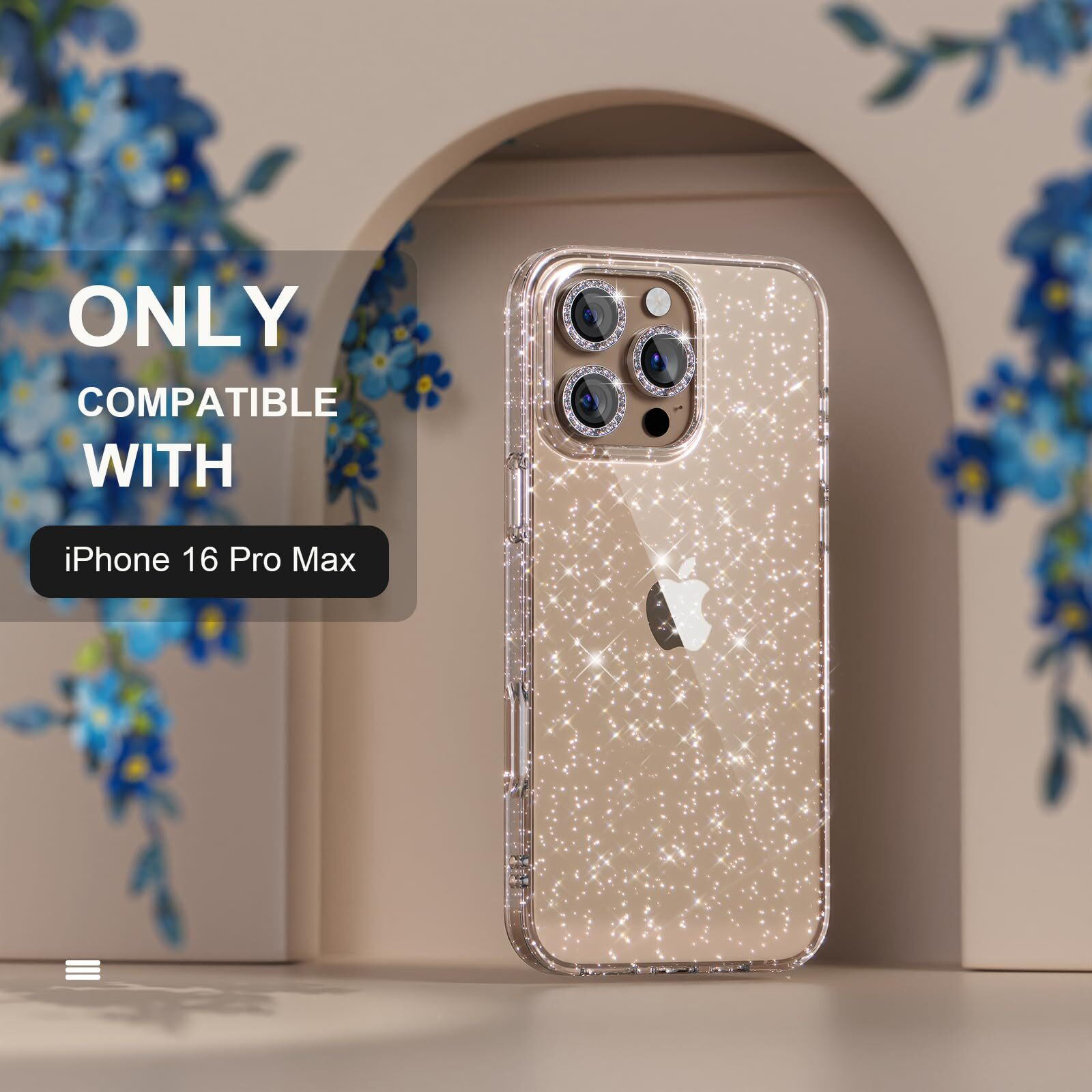 Choiche Compatible For Iphone 16 Pro Max Case  Women Cute Clear Glitter Bling Sparkly Case  [3 X Diamond Camera Lens Protectors] [2 X Tempered Glass Screen Protectors] 6.9-Inch (Glitter Clear)