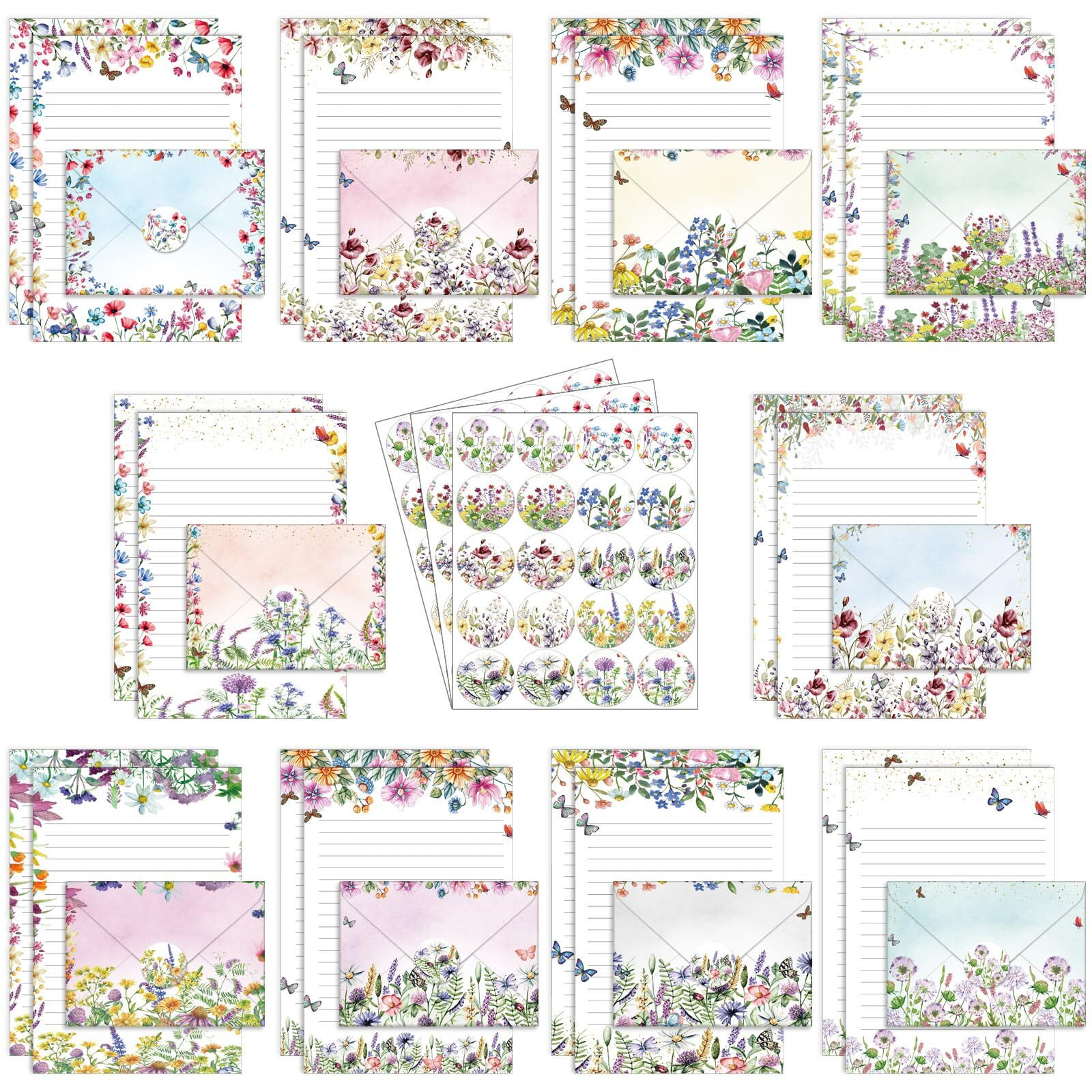 Taobary 160 Packs Stationery Paper Set (50 Double Sided Stationery Writing Papers 50 Matching Envelopes) 60 Round Dot Sticker  10 Design(Wildflower 8.5 X 11 Inch)