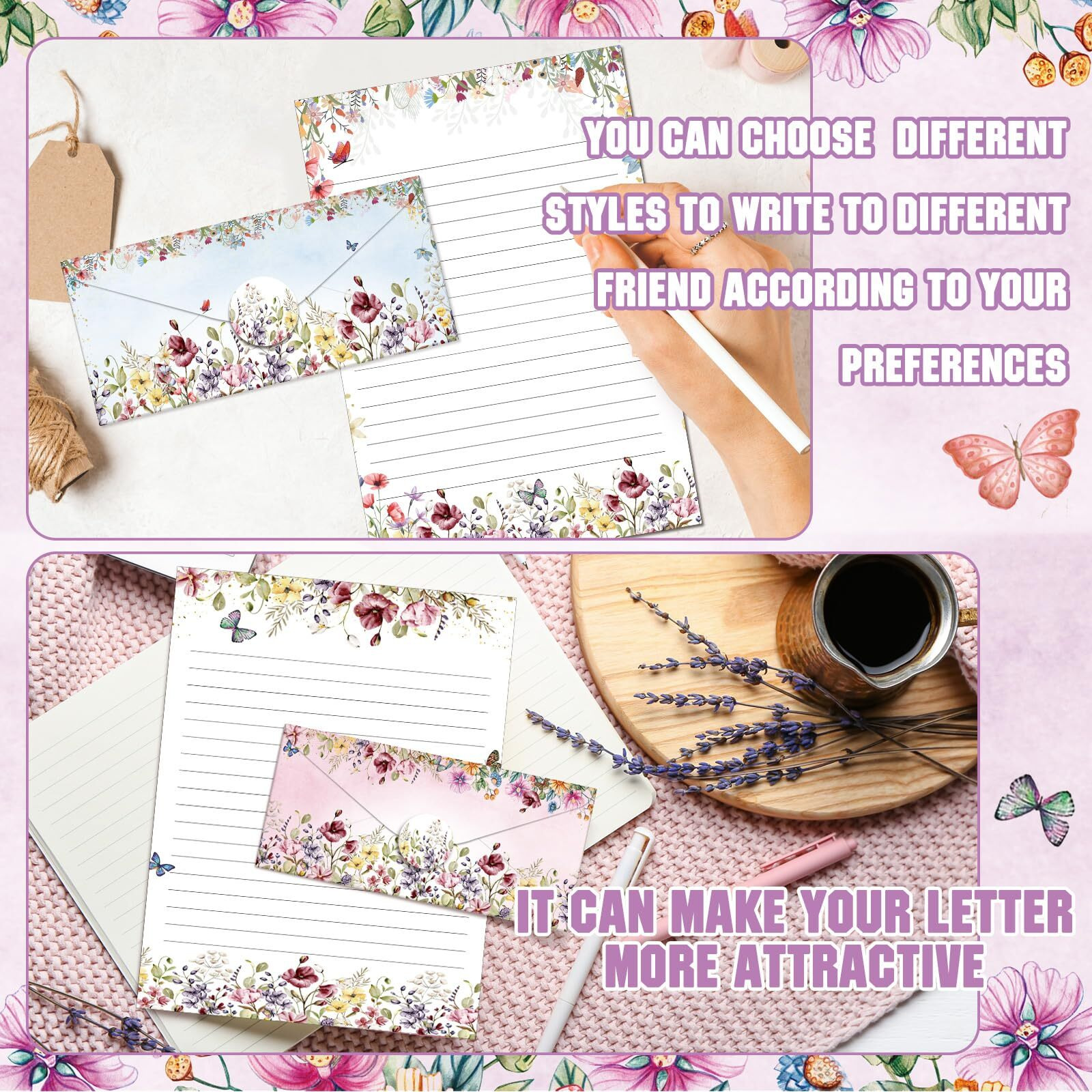 Taobary 160 Packs Stationery Paper Set (50 Double Sided Stationery Writing Papers 50 Matching Envelopes) 60 Round Dot Sticker  10 Design(Wildflower 8.5 X 11 Inch)
