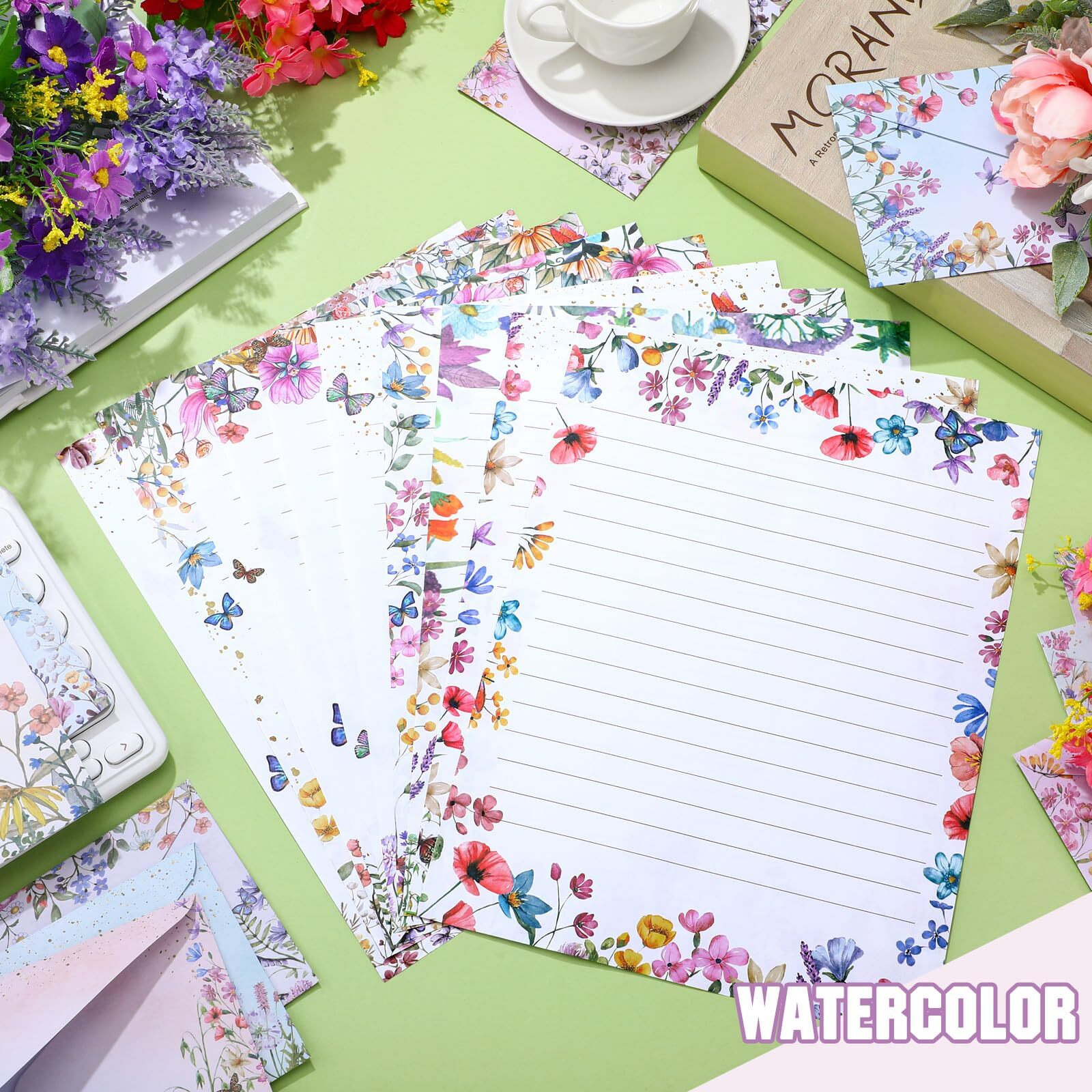 Taobary 160 Packs Stationery Paper Set (50 Double Sided Stationery Writing Papers 50 Matching Envelopes) 60 Round Dot Sticker  10 Design(Wildflower 8.5 X 11 Inch)