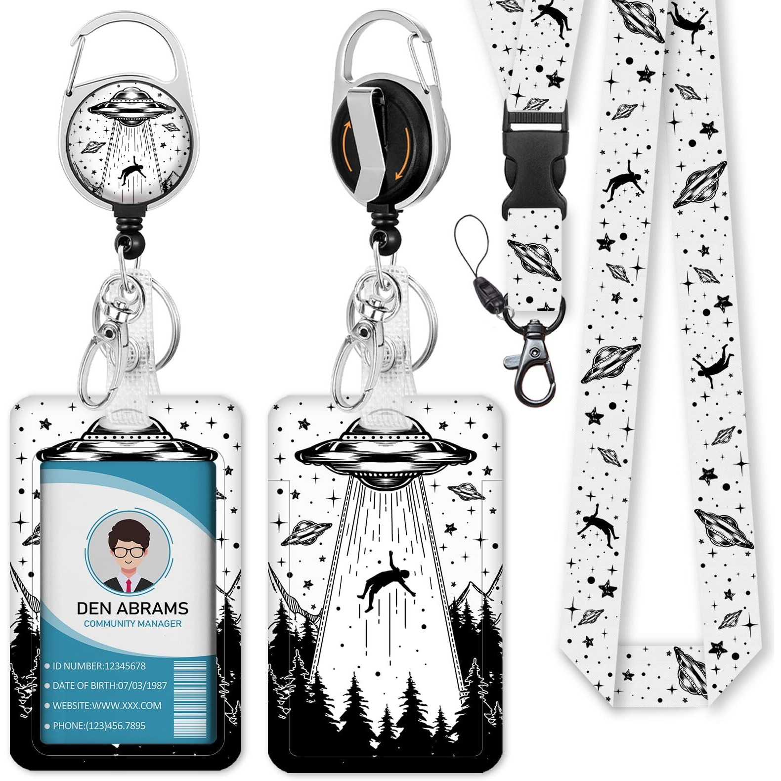 Piefly Lanyards For Id Badges  Badge Holder With Retractable Badge Reel Clip  Art Ufo Night Work Card Name Tag Keychain Lanyard Vertical Id Card Protector For Women Nurse Doctor Teacher Student