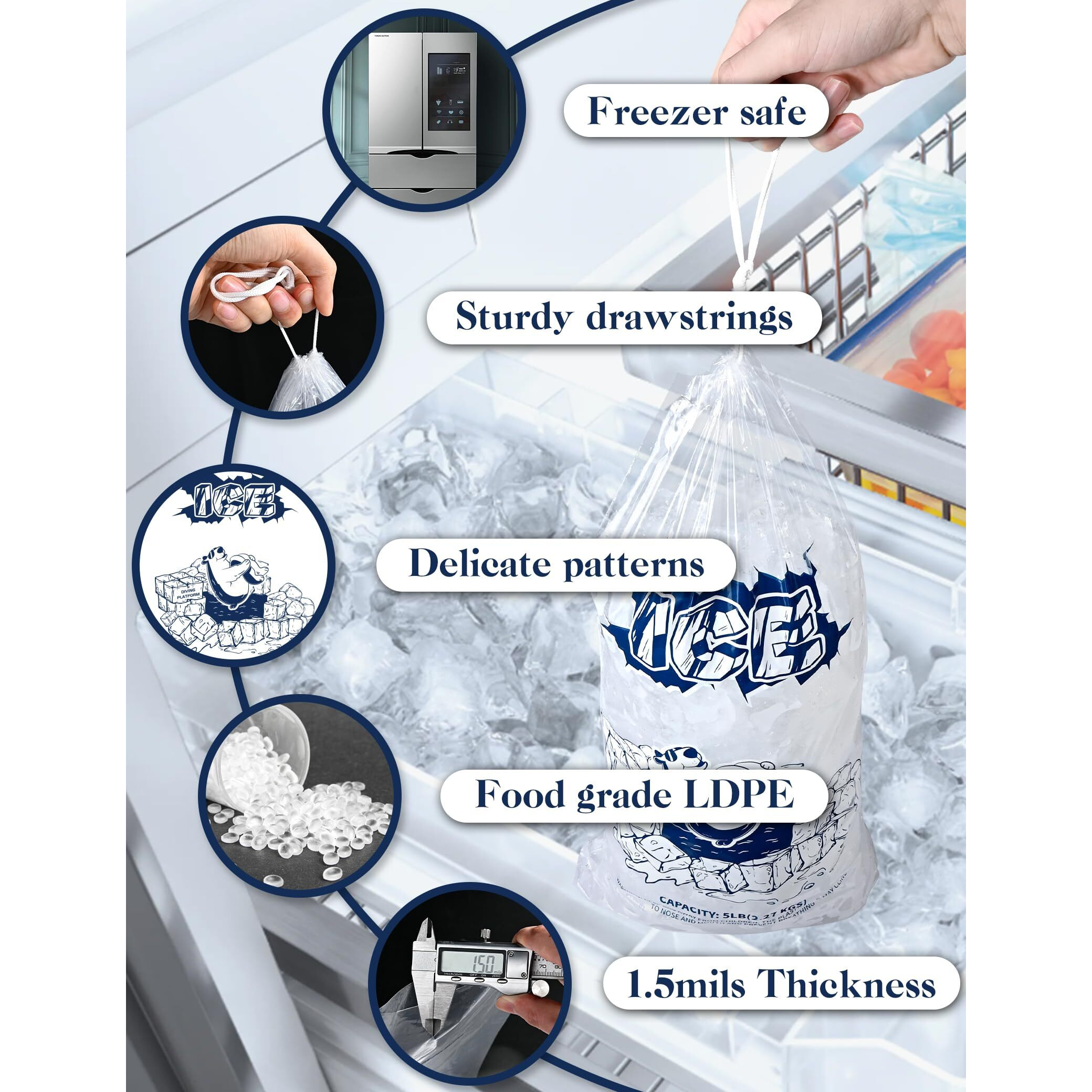 Ice Bags 5Lb With Drawstring 50 Pack Plastic Ice Bags For Ice Storage