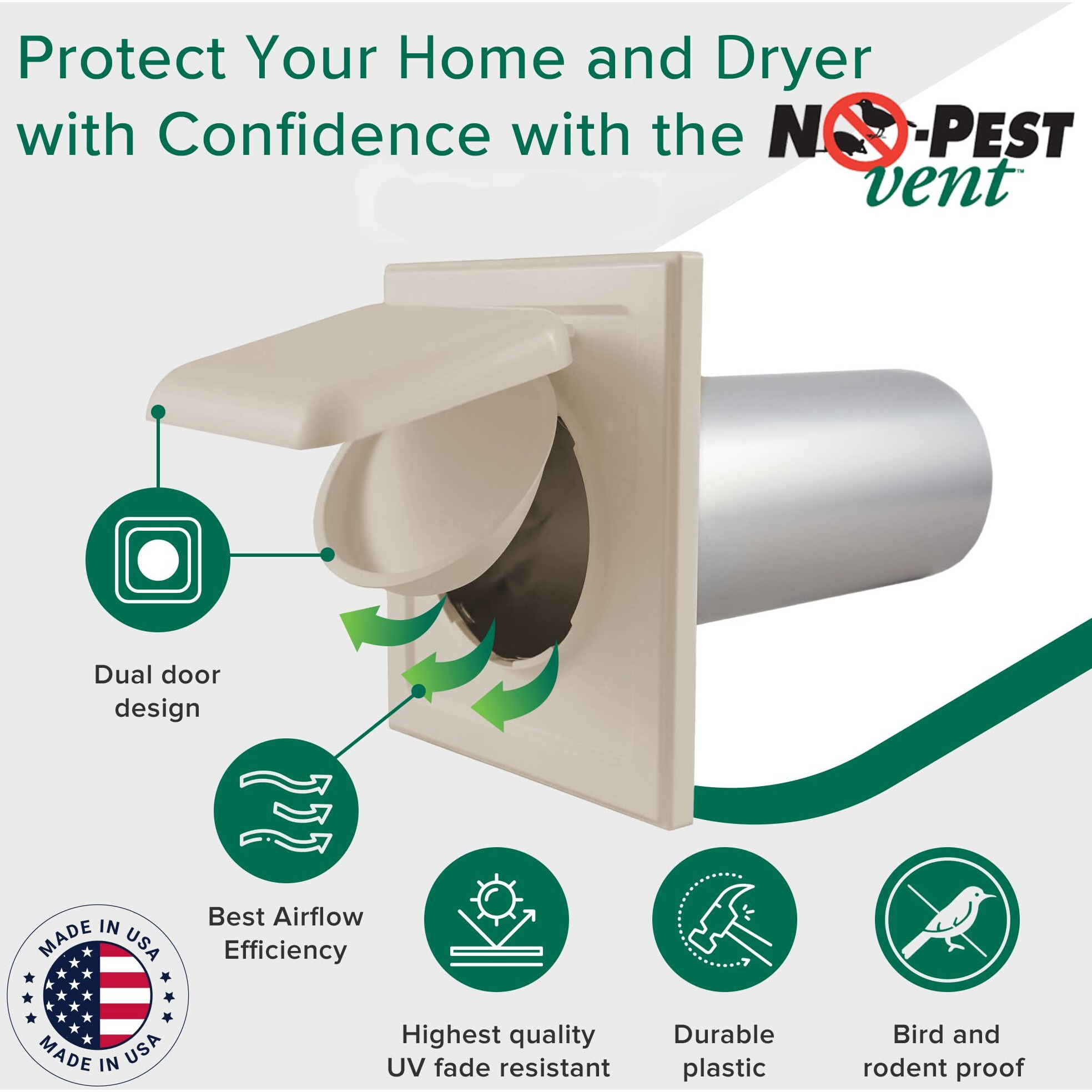 No-Pest Vent  Exclusive Dual Door Dryer Vent Cover Outdoor 4 Inch  Made In Usa W Highest Uv Resistant Plastic In Any Outdoor Vent Cover (Tan  4 Inch W/O Duct Tube)