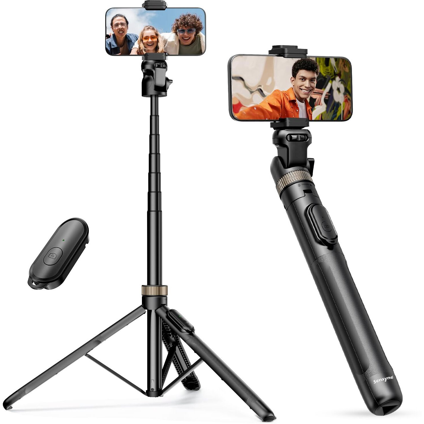 Sensyne 72"""" Phone Tripod  Extendable Tripod For Iphone & Selfie Stick With Detachable Phone Holder & Wireless Remote  Iphone Tripod Compatible With All Cell Phones  Camera  Black