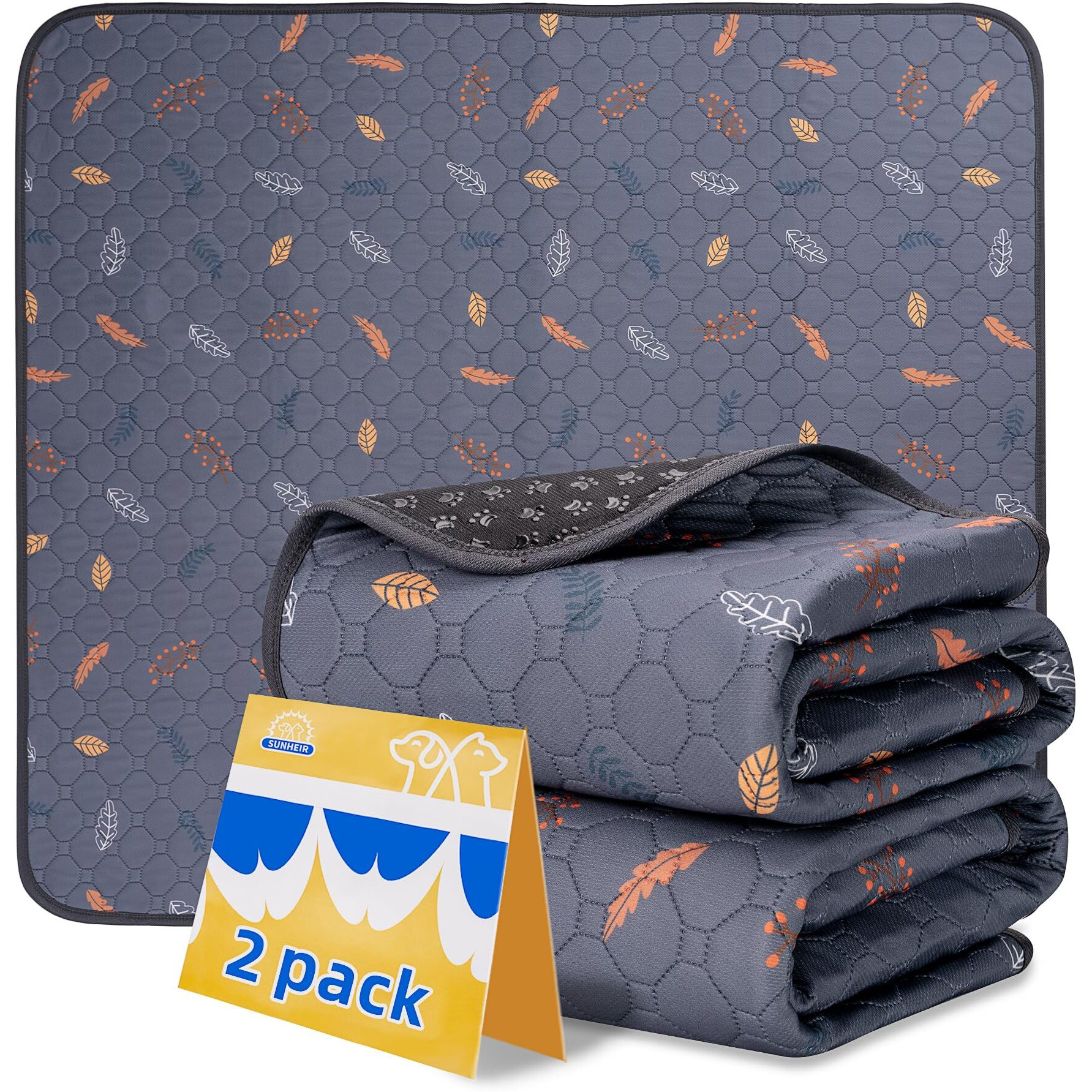 Sunheir Washable Pee Pads For Dogs - 2-Pack Thick Heavy Absorbency Reusable Pee Pads Prevent Leakage Non-Slip  Waterproof Pet Training Pads For Puppy Playpen  Crate  Whelping Box  Potty Training  Grey