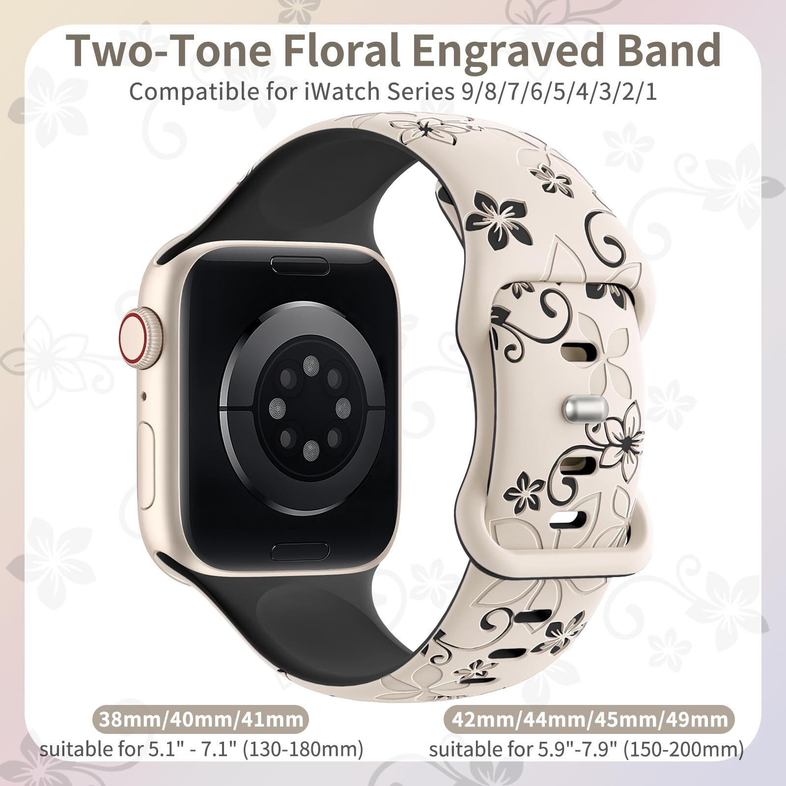 Floral Engraved Bands Compatible With Apple Watch Band 41Mm 40Mm 44Mm 45Mm 42Mm 38Mm 49Mm 46Mm For Women Cute Flower Iwatch Bands Soft Silicone Sport Strap For Iwatch Series Se 10 9 8 7 6 5 4 3 Ultra