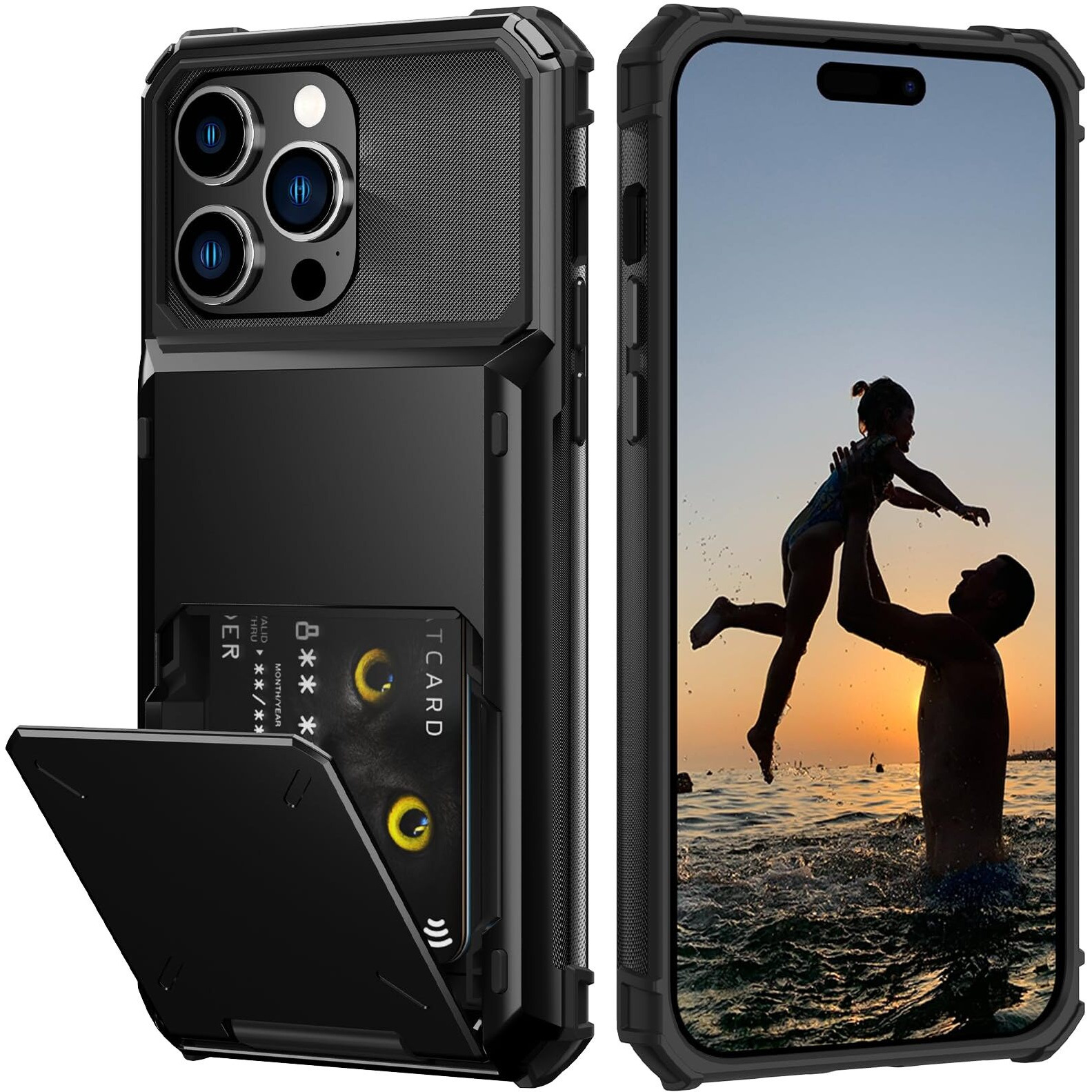 Nvollnoe For Iphone 15 Pro Max Case With Card Holder[Store 5 Cards] Dual Layer Heavy Duty Shockproof Wallet Case With Hidden Card Slot Storage Case For Iphone 15 Pro Max(Black)