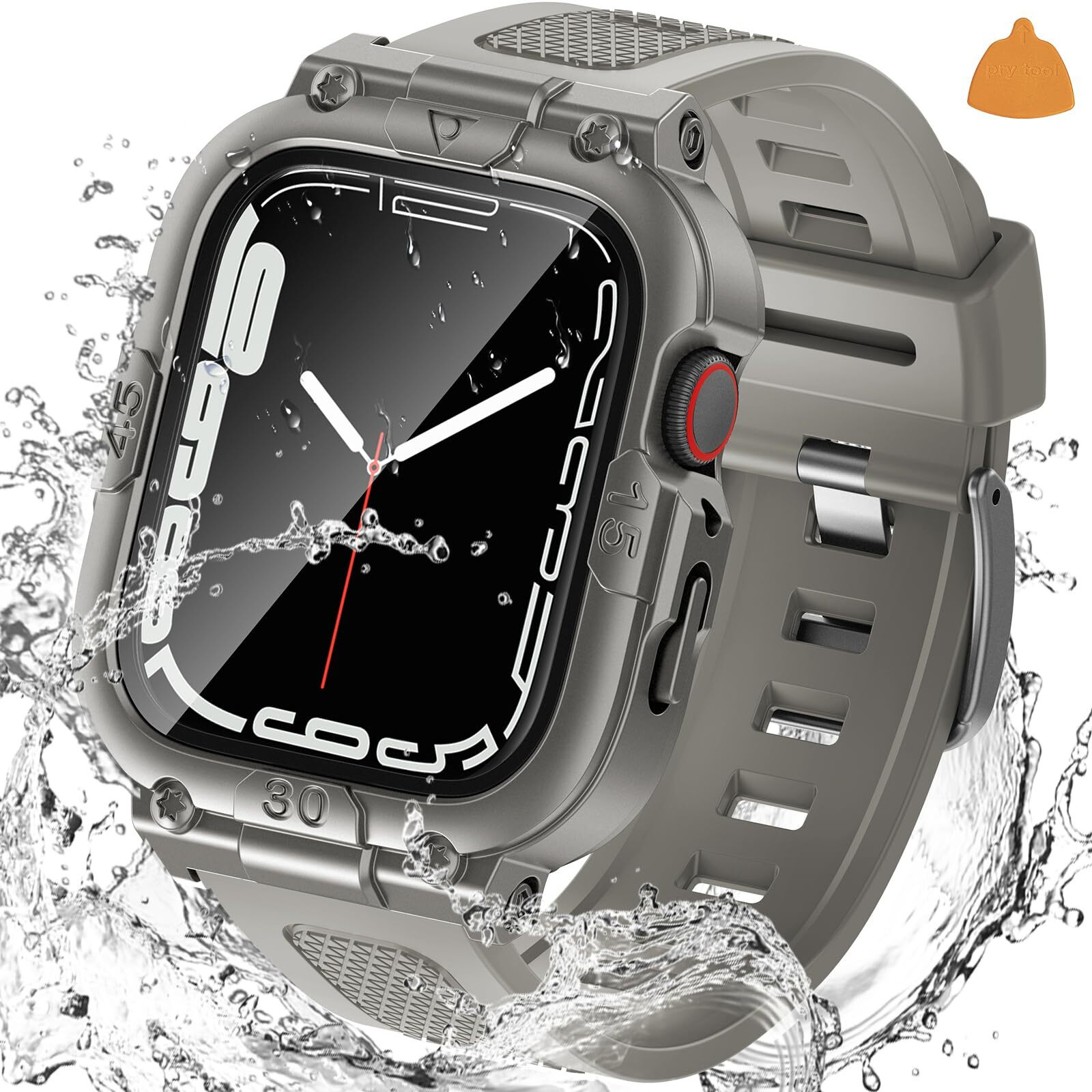 Goton 3 In 1 Waterproof Case And Band With Tempered Glass Screen Protector For Apple Watch Series 9 8 7 41Mm  Hard Pc Bumper Cover For Iwatch Accessories  41Mm Titanium