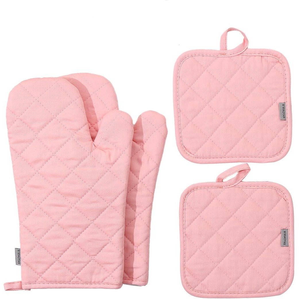 Oven Mitts And Pot Holders 4 Pcs Set High Heat Resistant 500 Degree Extra Thicken Long Kitchen Cotton Oven Glove For Cooking (12 Inch Pink)