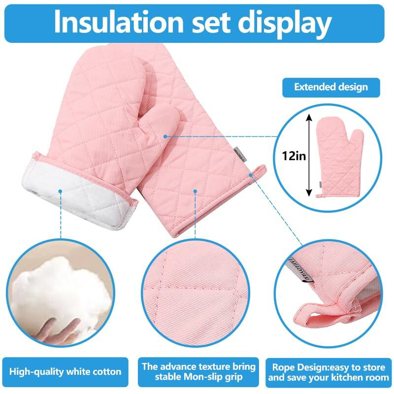 Oven Mitts And Pot Holders 4 Pcs Set High Heat Resistant 500 Degree Extra Thicken Long Kitchen Cotton Oven Glove For Cooking (12 Inch Pink)