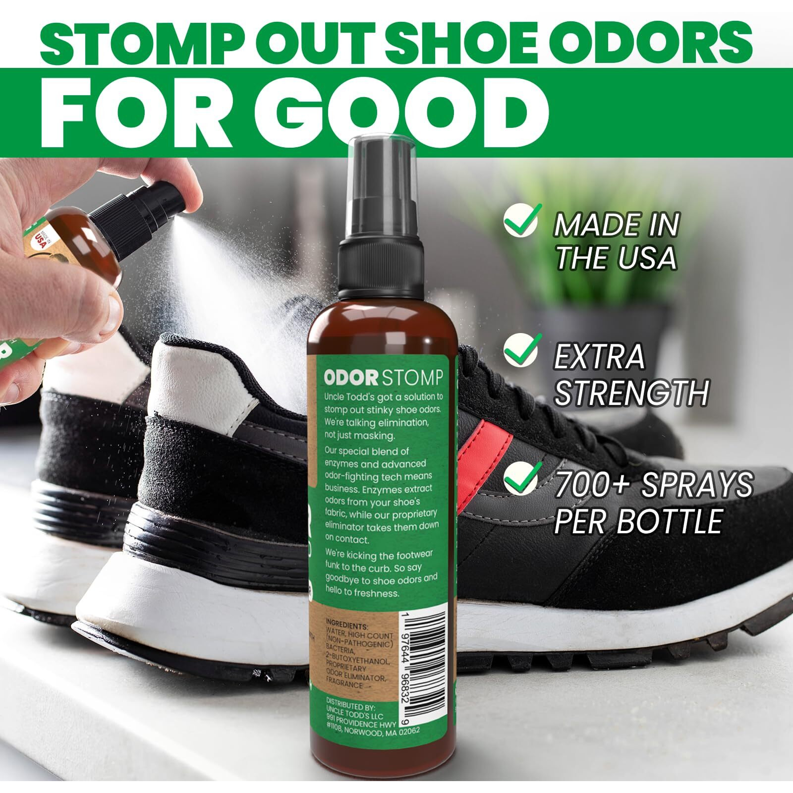 Uncle Todd's Odor Stomp Shoe Deodorizer - Proven & Powerful Enzyme Shoe Spray For Odor Elimination In All Footwear (Mountain Fresh)