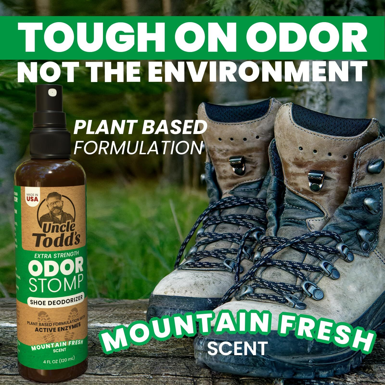 Uncle Todd's Odor Stomp Shoe Deodorizer - Proven & Powerful Enzyme Shoe Spray For Odor Elimination In All Footwear (Mountain Fresh)