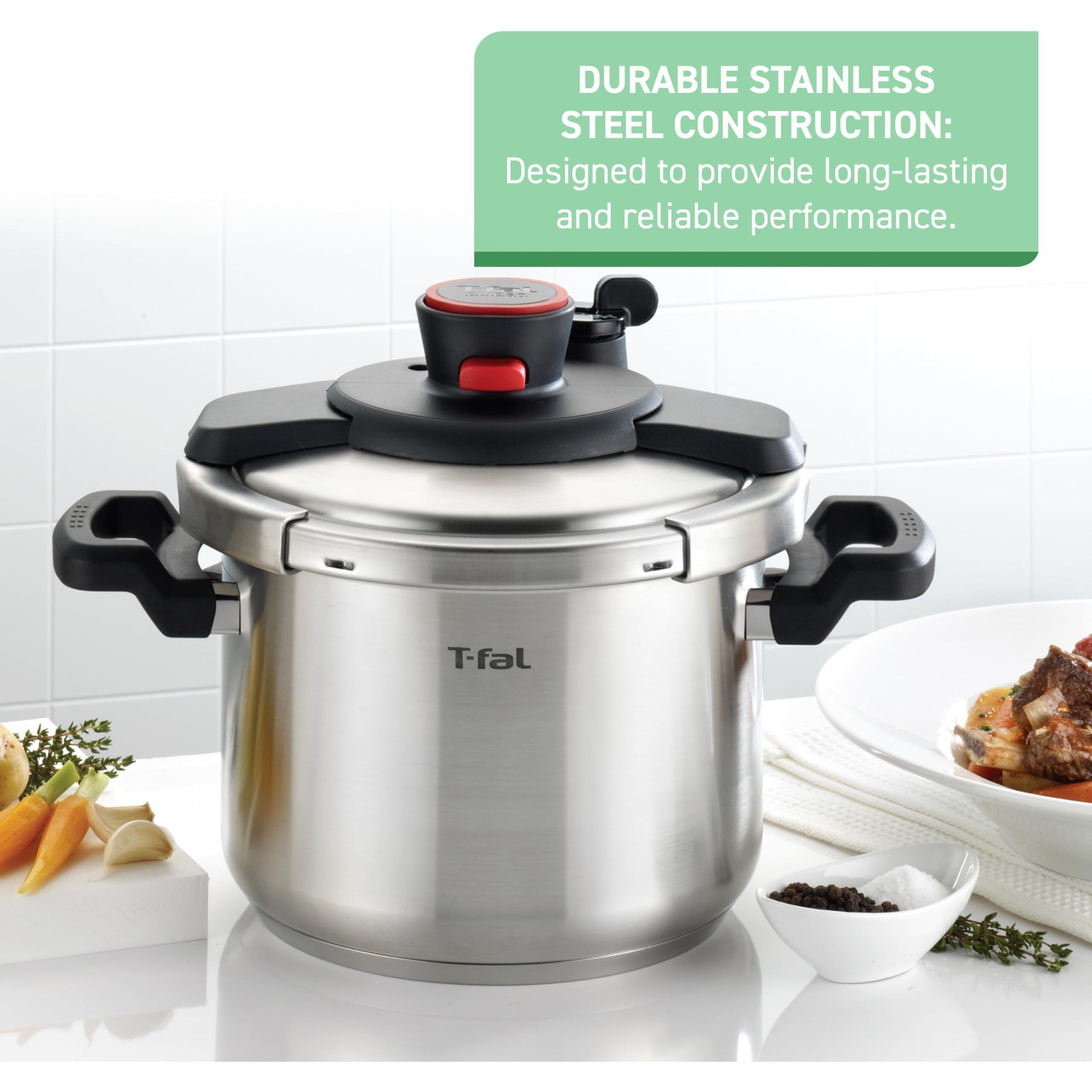 T-Fal Clipso Stainless Steel Pressure Cooker 8 Quart  Induction Compatible  Secure Locking System  One Hand System  Fast Cooking  Recipe Book Included  Cookware  Pots And Pans  Dishwasher Safe  Silver
