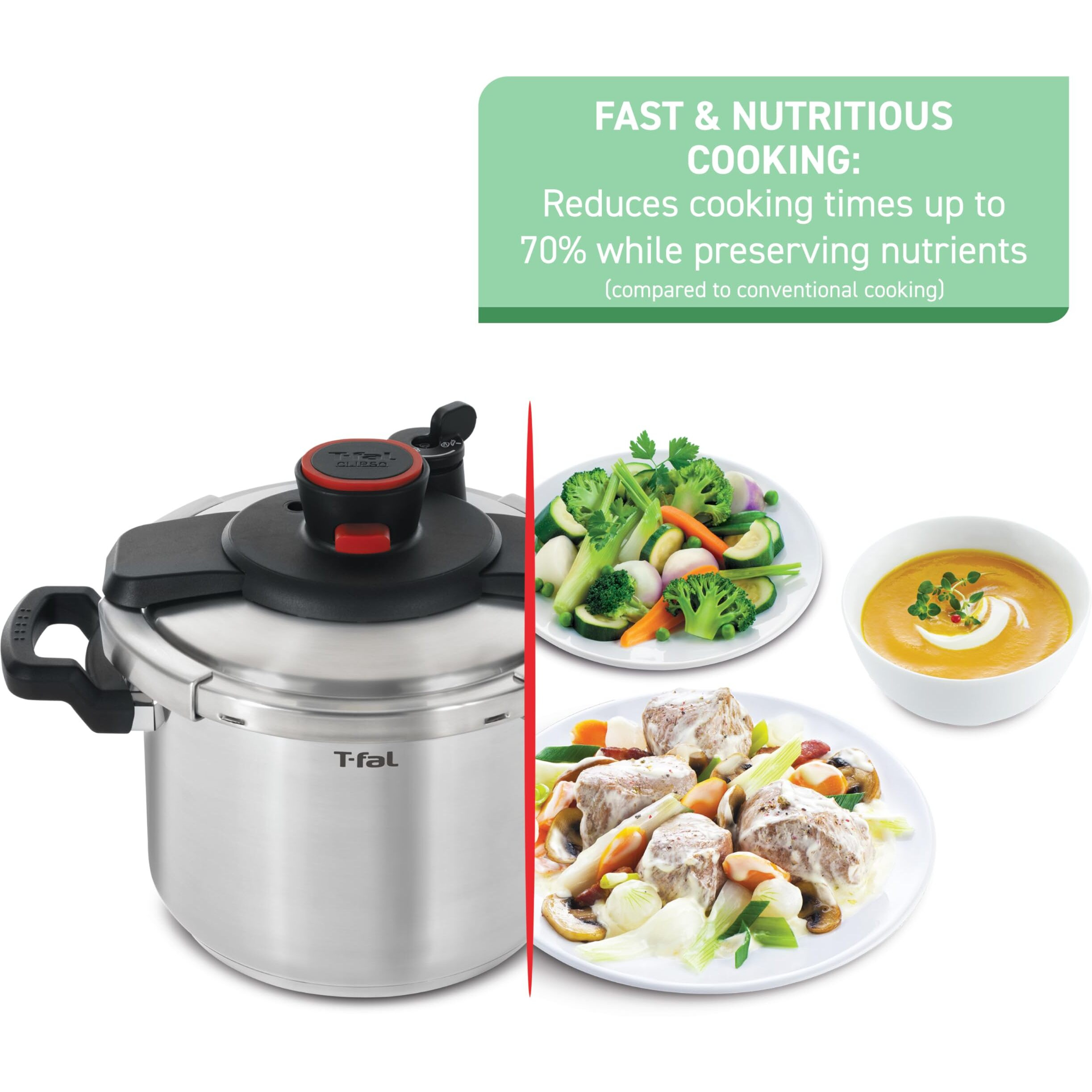 T-Fal Clipso Stainless Steel Pressure Cooker 8 Quart  Induction Compatible  Secure Locking System  One Hand System  Fast Cooking  Recipe Book Included  Cookware  Pots And Pans  Dishwasher Safe  Silver