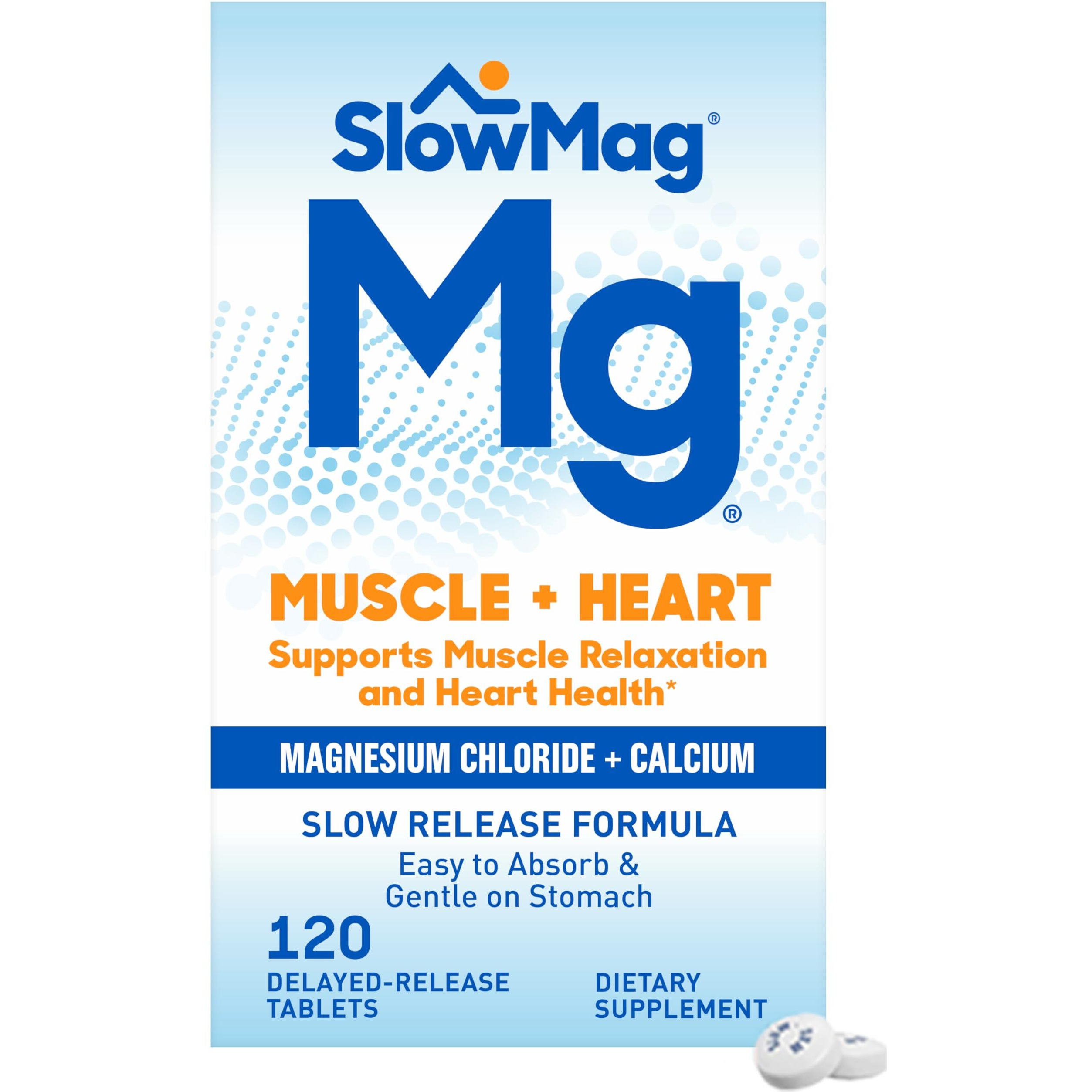 Slowmag Muscle + Heart Magnesium Chloride With Calcium Supplement To Support Muscle Relaxation  Occasional Muscle Cramping & Heart Health  High Absorption  120 Count