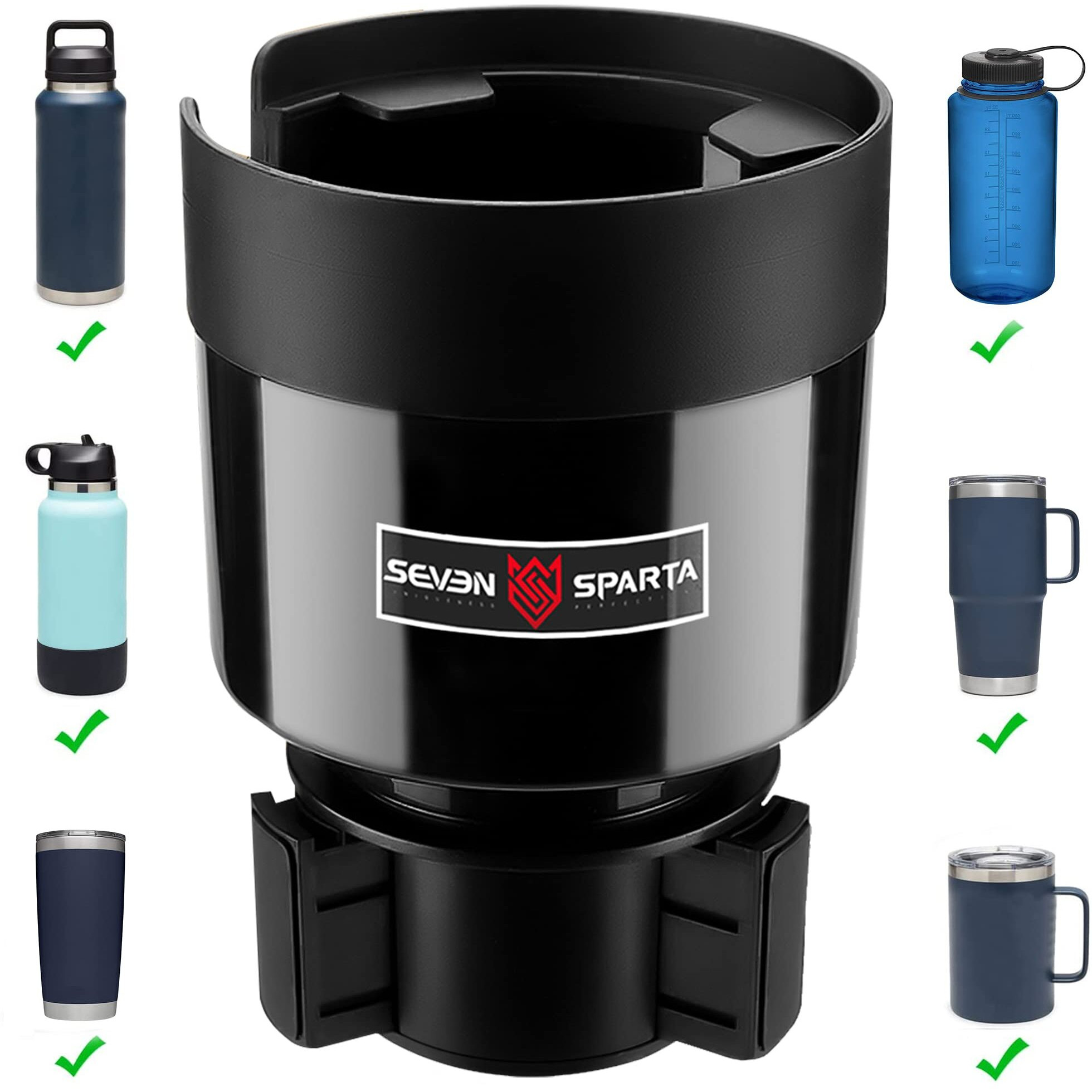 Seven Sparta Car Cup Holder Expander With Adjustable Base  Compatible With Hydro Flasks 32/40 Ounce  Compatible With Yeti Ramblers 20/26/30 Ounce  Other Bottles In 3.4 ""-3.8 "" (Black)
