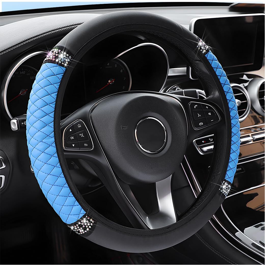 Osilly Bling Car Steering Wheel Cover  15 Inch Rhinestones Soft Leather Elastic Steering Wheel Protector  Sparkly Crystal Diamond For Women Girls  Car Interior Accessories For Most Cars (Blue)