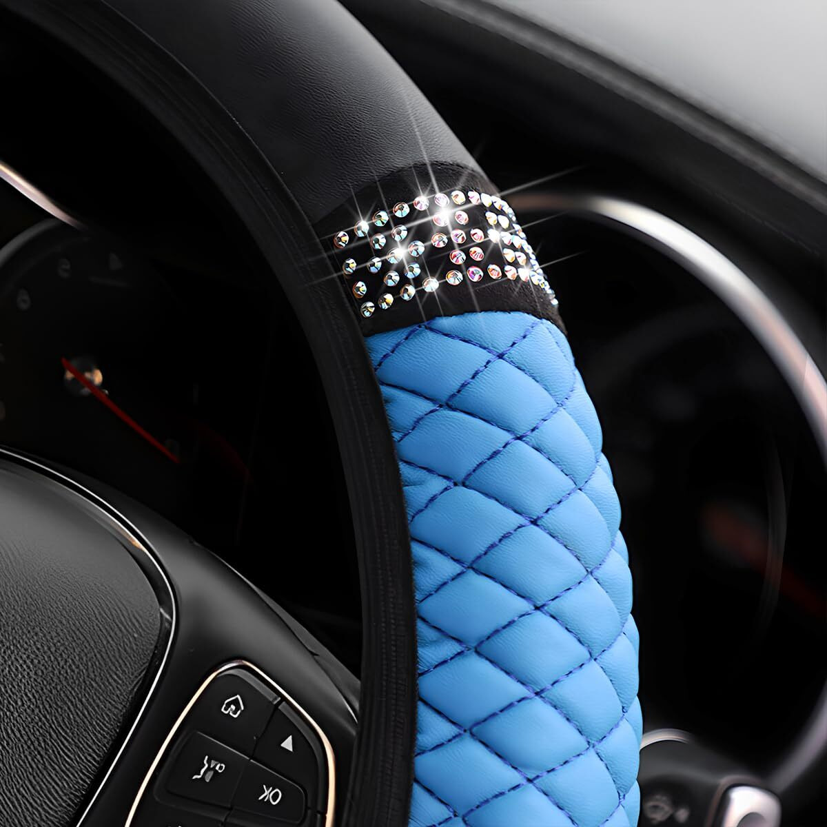Osilly Bling Car Steering Wheel Cover  15 Inch Rhinestones Soft Leather Elastic Steering Wheel Protector  Sparkly Crystal Diamond For Women Girls  Car Interior Accessories For Most Cars (Blue)