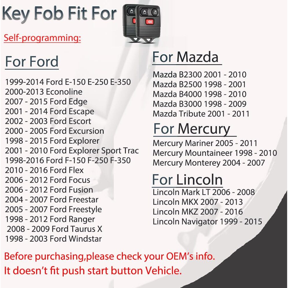 Key Fob Keyless Entry Fits For Ford F150 F250 F350 Explorer Expedition 1998-2016 / Ranger Escape Edge E150 Freestar/Lincoln Navigator Mercury Mazda 3 Button Remote Control Replacement Cwtwb1U345