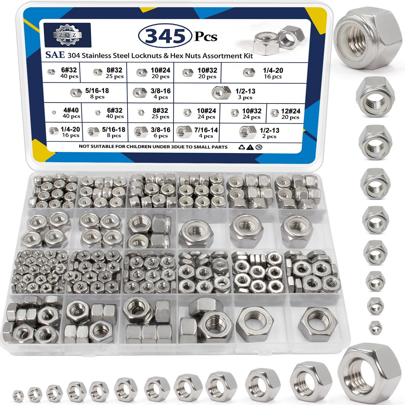 Zqz 345 Pack Sae Hex Nut & Locknuts Assortment Kit 440 632 832 1024 1032 1224 1/4-20 5/16-18 3/8-16 7/16-14 1/2-13 1/4-20 304 Stainless Steel Standard Thread Nylon Insert Lock Nuts Set