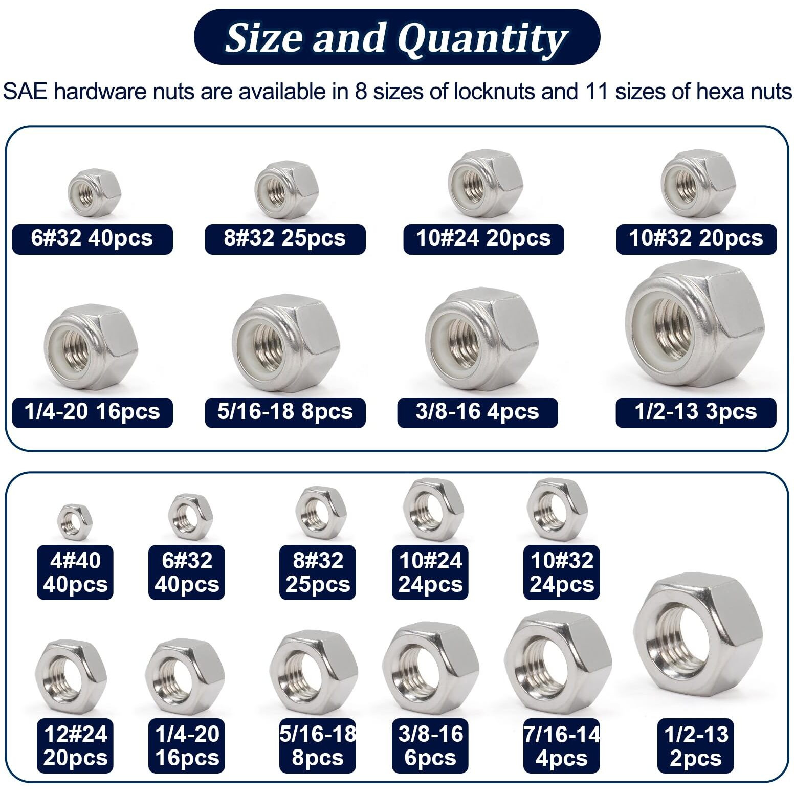 Zqz 345 Pack Sae Hex Nut & Locknuts Assortment Kit 440 632 832 1024 1032 1224 1/4-20 5/16-18 3/8-16 7/16-14 1/2-13 1/4-20 304 Stainless Steel Standard Thread Nylon Insert Lock Nuts Set