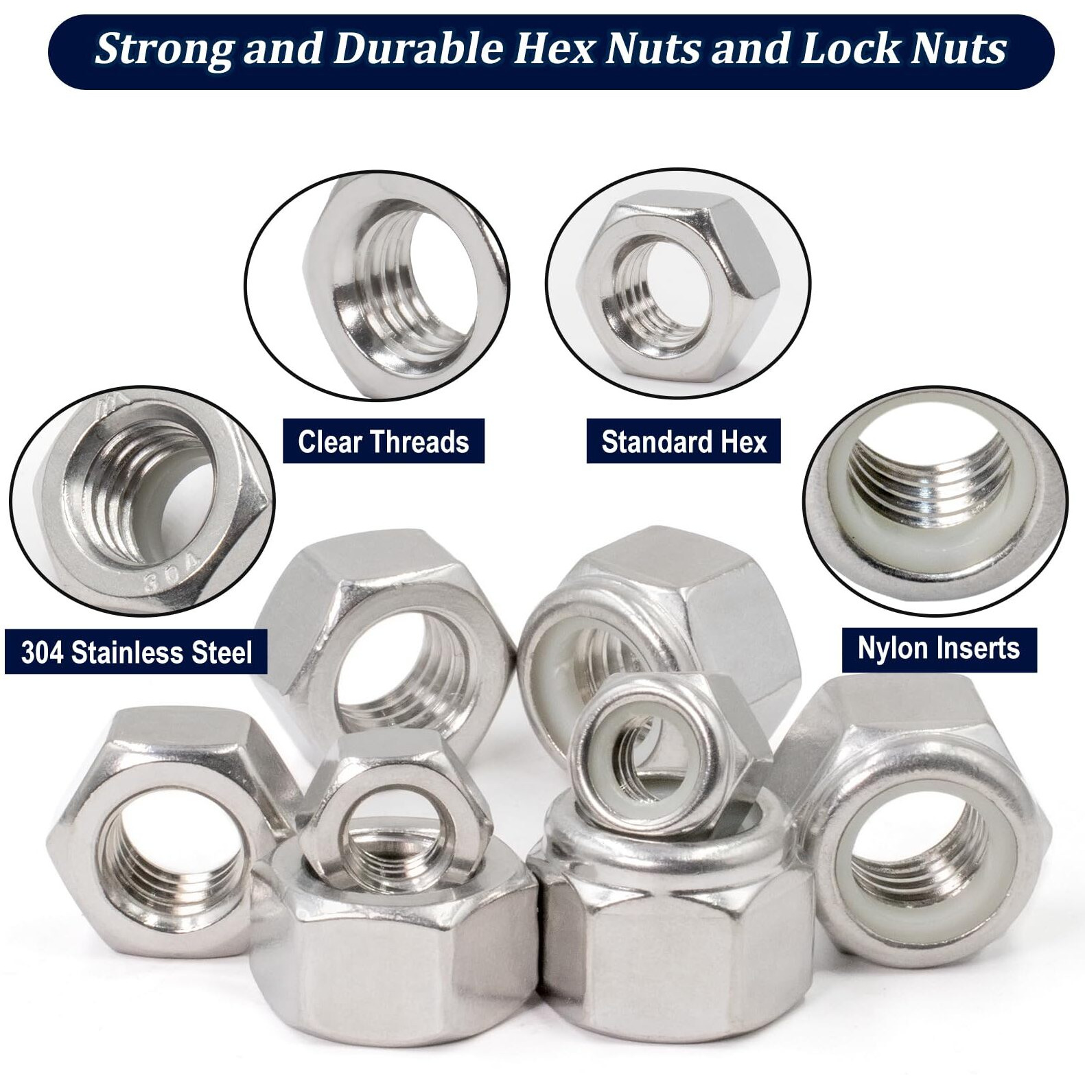 Zqz 345 Pack Sae Hex Nut & Locknuts Assortment Kit 440 632 832 1024 1032 1224 1/4-20 5/16-18 3/8-16 7/16-14 1/2-13 1/4-20 304 Stainless Steel Standard Thread Nylon Insert Lock Nuts Set