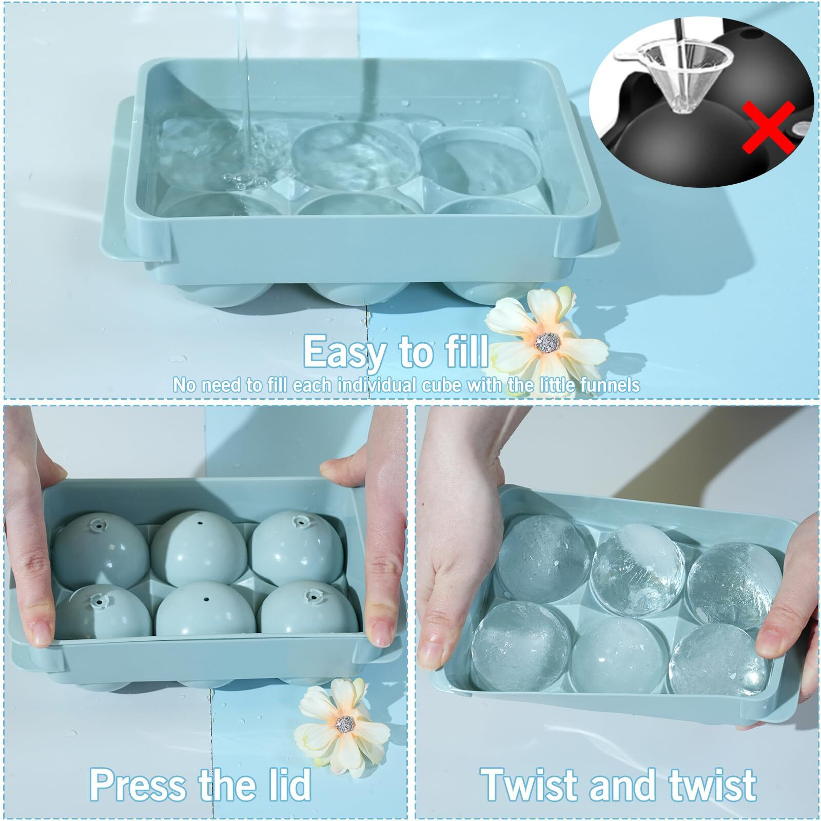 Wibimen Large Ice Cube Molds  Easy To Fill & Release Whiskey Ice Cubes Mold  Big Round Ball Ice Cube Trays For Freezer - Whiskey Bourbon Cocktail(1.9In*6 Balls- Blue/1 Pack)