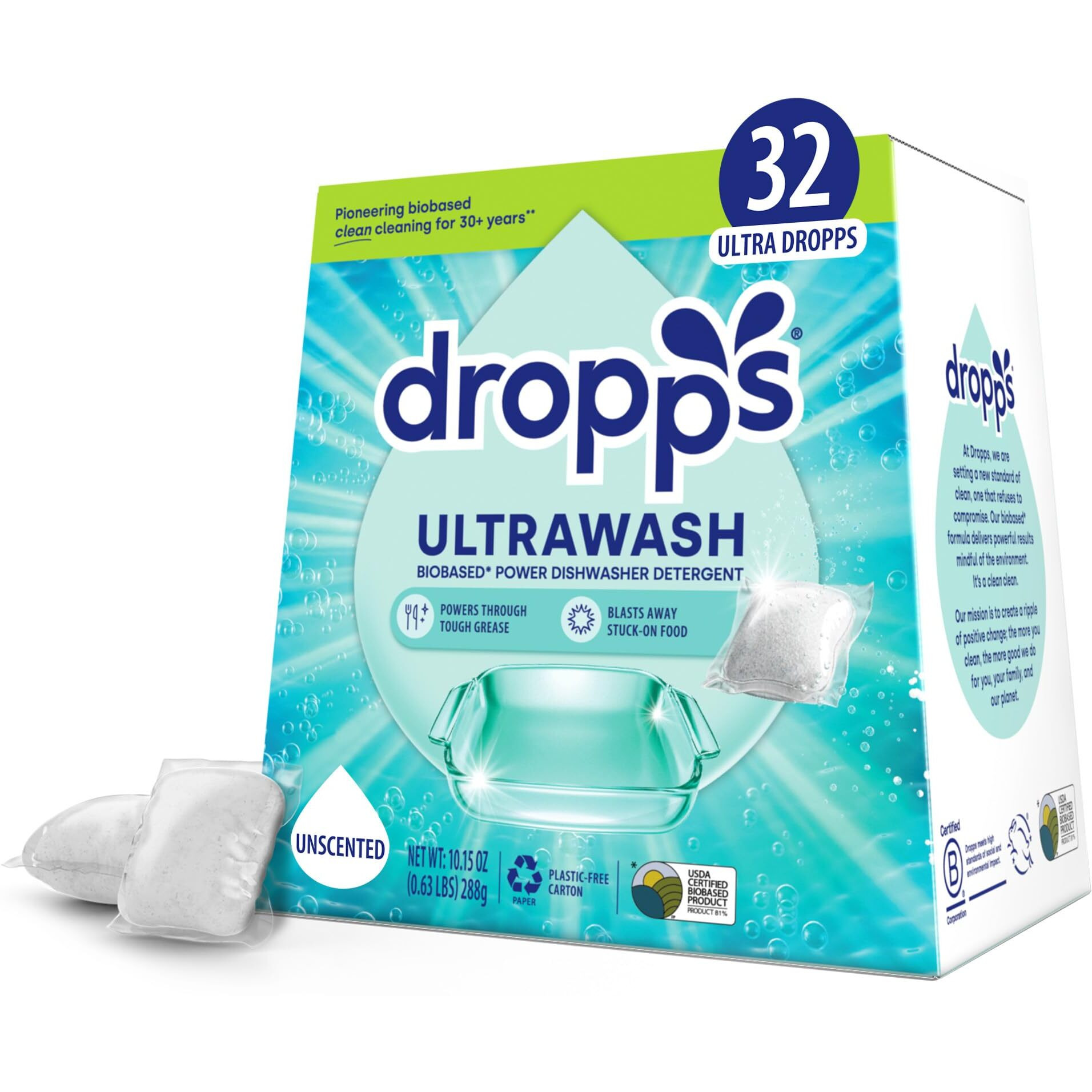 Dropps Ultrawash Dishwasher Pods  Unscented (32 Pods) - Biobased Power Deep Clean Dishwasher Detergent Tablets For Sparkling Shiny Dishes - No Rinse Aid Or Pre-Wash Needed - Dishwashing Pods