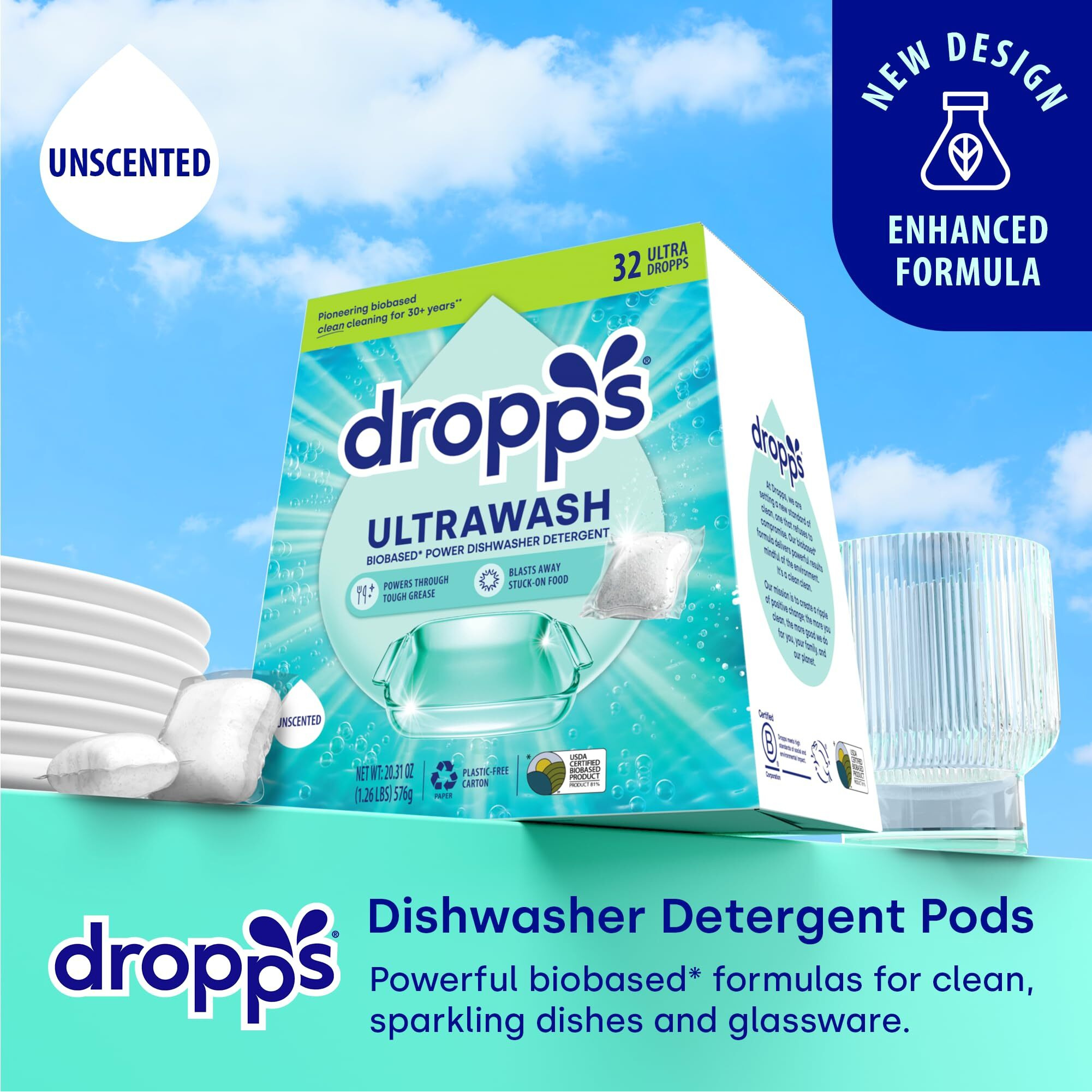 Dropps Ultrawash Dishwasher Pods  Unscented (32 Pods) - Biobased Power Deep Clean Dishwasher Detergent Tablets For Sparkling Shiny Dishes - No Rinse Aid Or Pre-Wash Needed - Dishwashing Pods