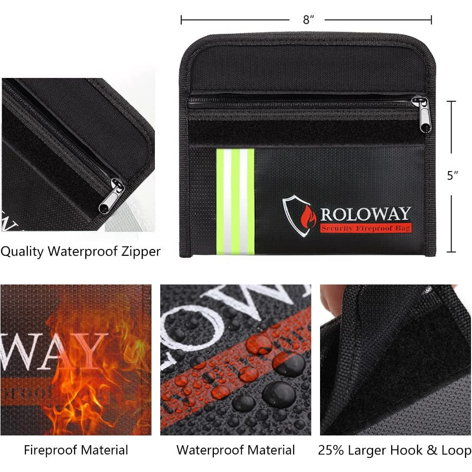 Roloway Small Fireproof Bag (5 X 8 Inches) With Reflective Strip  Non-Itchy Fireproof Money Bag  Fireproof Wallet Bag  Cash Fireproof Bag Set For Valuables - Passport  Currency & Keys (2-Pack Black)