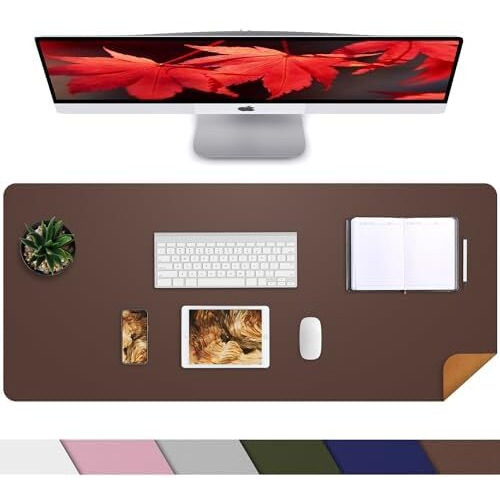 Leather Desk Pad Protector  Large Desk Mat With Natural Cork & Pu Leather Mouse Pad Non-Slip Office Desk Mat Waterproof Desk Writing Pad For Office And Home (Coffee 31.5In*17In)