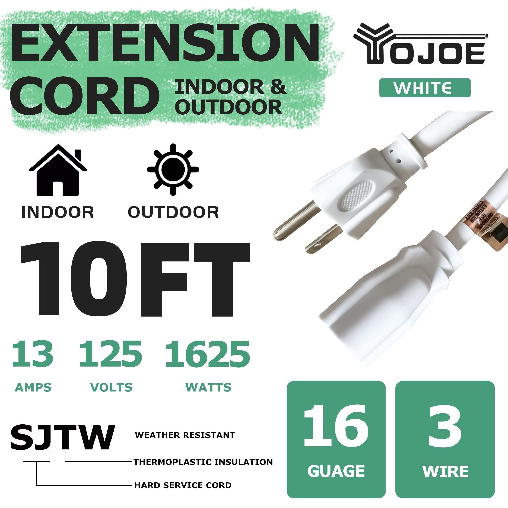Yojoe Indoor Outdoor Extension Cord  3 Prong 13A Weatherproof Power Extension Cord  16 Gauge Heavy Duty 10 Ft White Extension Cord For Garage  Garden And Home  16/3 Sjtw Ul Listed
