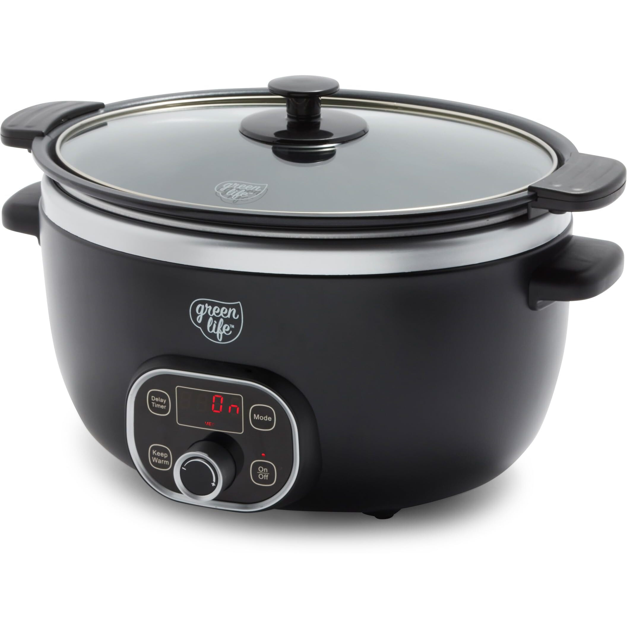 Greenlife 6 Quart Ceramic Slow Cooker  Pfas-Free  Programmable  Removable Healthy Nonstick Pot For Large Families  Sear On Stovetop  Keep Warm  Digital Timer  Dishwasher Safe Glass Lid & Crock  Black