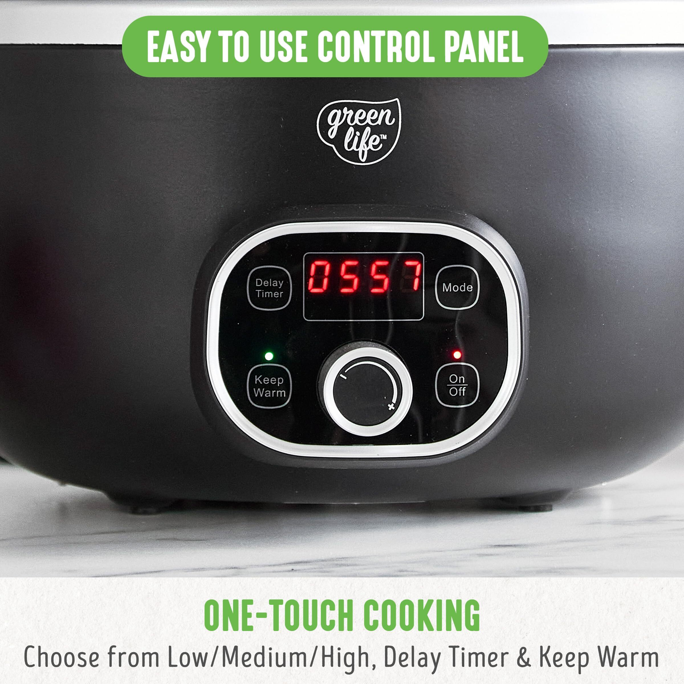 Greenlife 6 Quart Ceramic Slow Cooker  Pfas-Free  Programmable  Removable Healthy Nonstick Pot For Large Families  Sear On Stovetop  Keep Warm  Digital Timer  Dishwasher Safe Glass Lid & Crock  Black