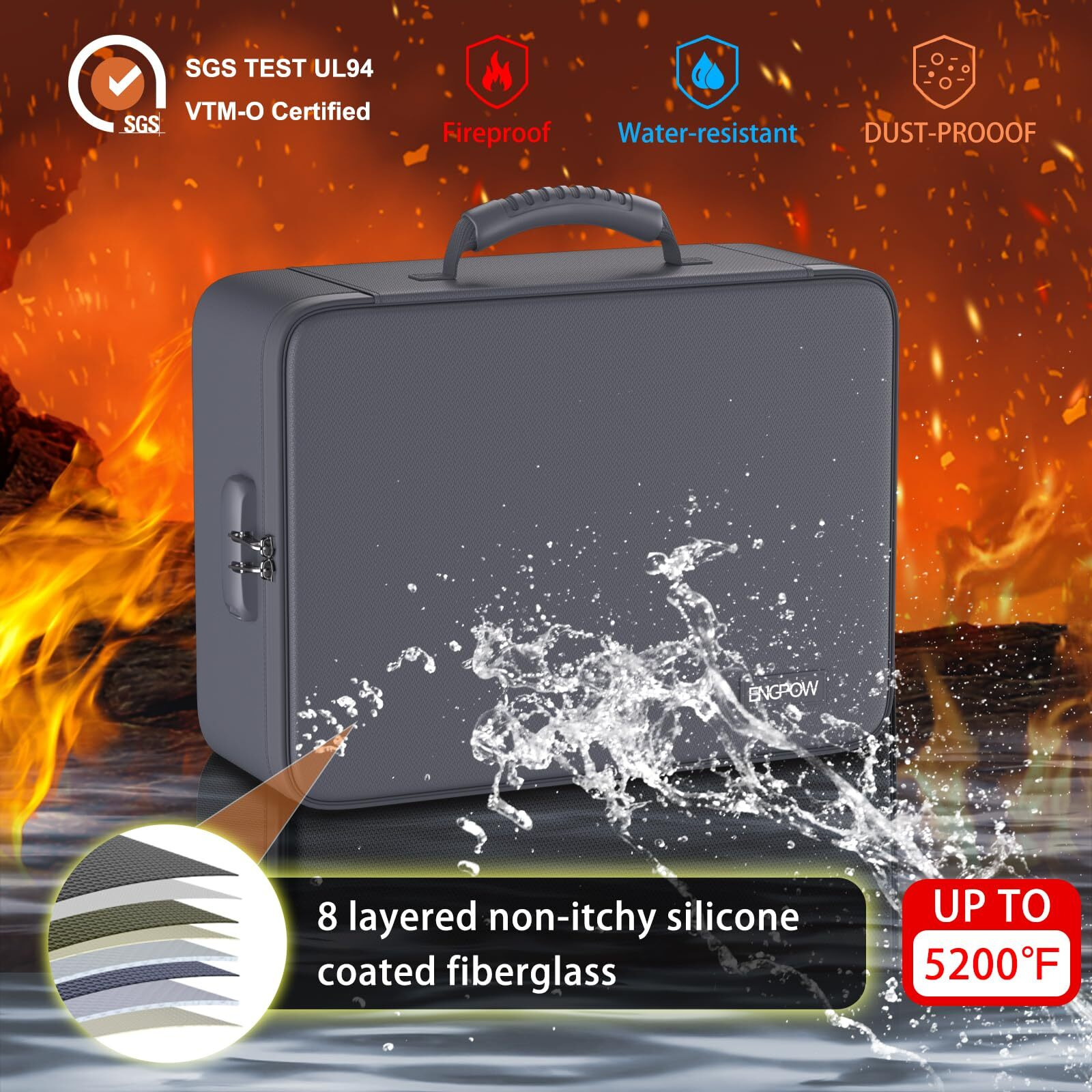 Engpow 5200 Fireproof File Organizer Bag With 13 Pocket Accordion File Folder Document Organizer Box With Lock&Labels Multi-Layer Portable Home Travel Safe Storage Box For Important Documents Gray