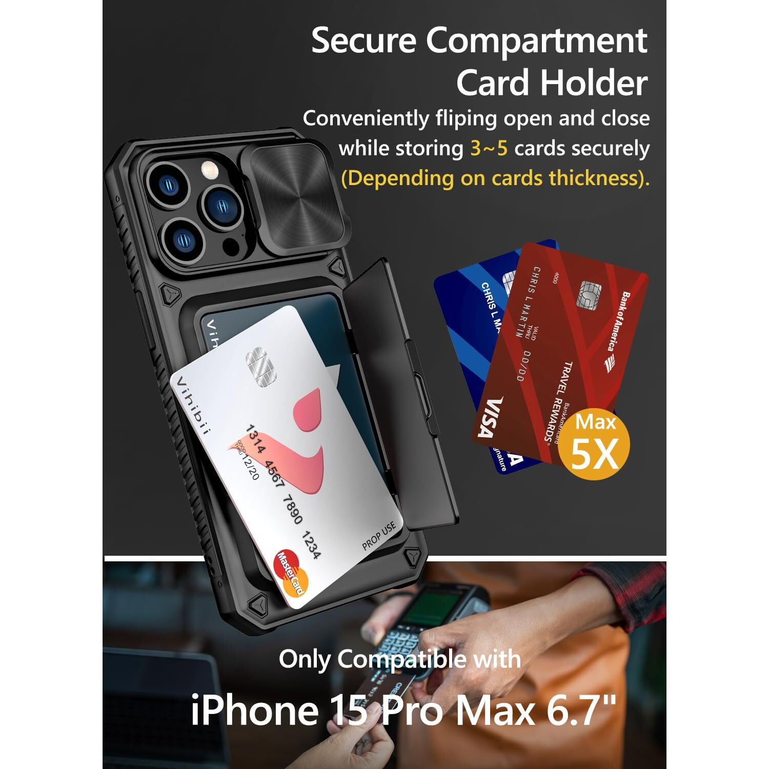 Vihibii For Iphone 15 Pro Max Case With Card Holder (4 Cards) & Slide Camera Cover & Kickstand  Military Grade Drop Protection  Rugged Hard Back & Silicone Edge Wallet Phone Case  6.7"" 2023  Black