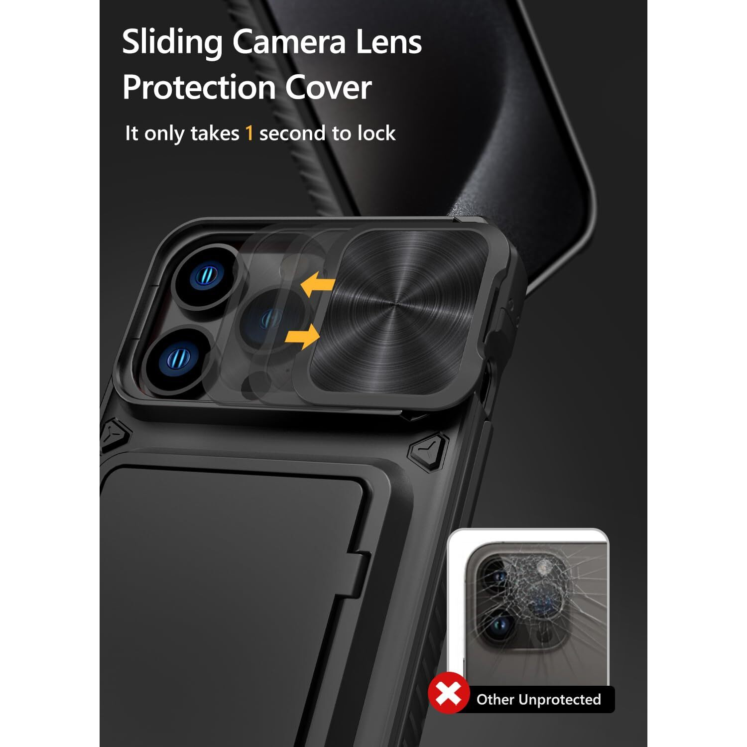 Vihibii For Iphone 15 Pro Max Case With Card Holder (4 Cards) & Slide Camera Cover & Kickstand  Military Grade Drop Protection  Rugged Hard Back & Silicone Edge Wallet Phone Case  6.7"" 2023  Black