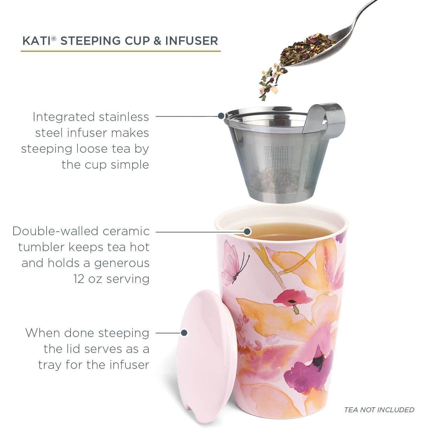 Tea Forte Kati Cup Mariposa  Ceramic Tea Infuser Cup With Infuser Basket And Lid For Steeping Loose Leaf Tea