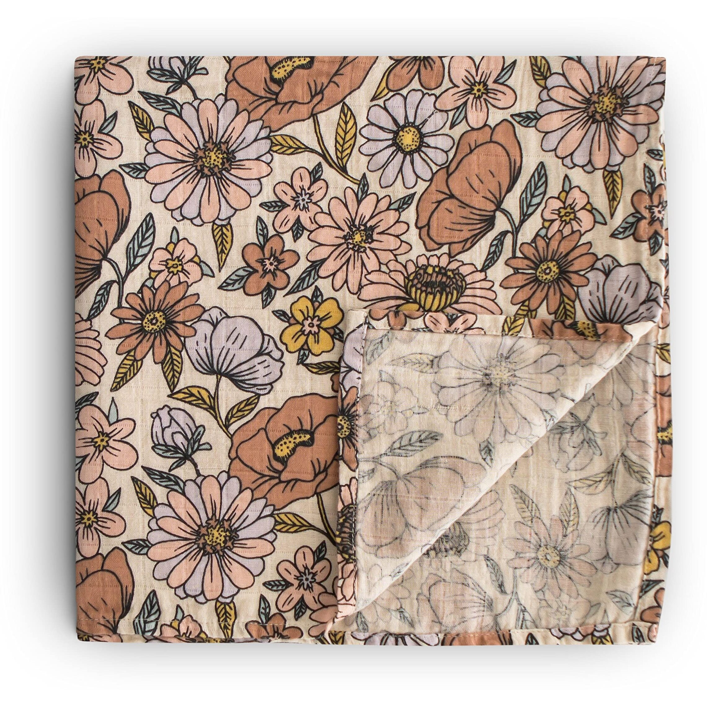 Mushie Muslin Baby Swaddle Blanket | 100% Organic Cotton (Retro Flowers)
